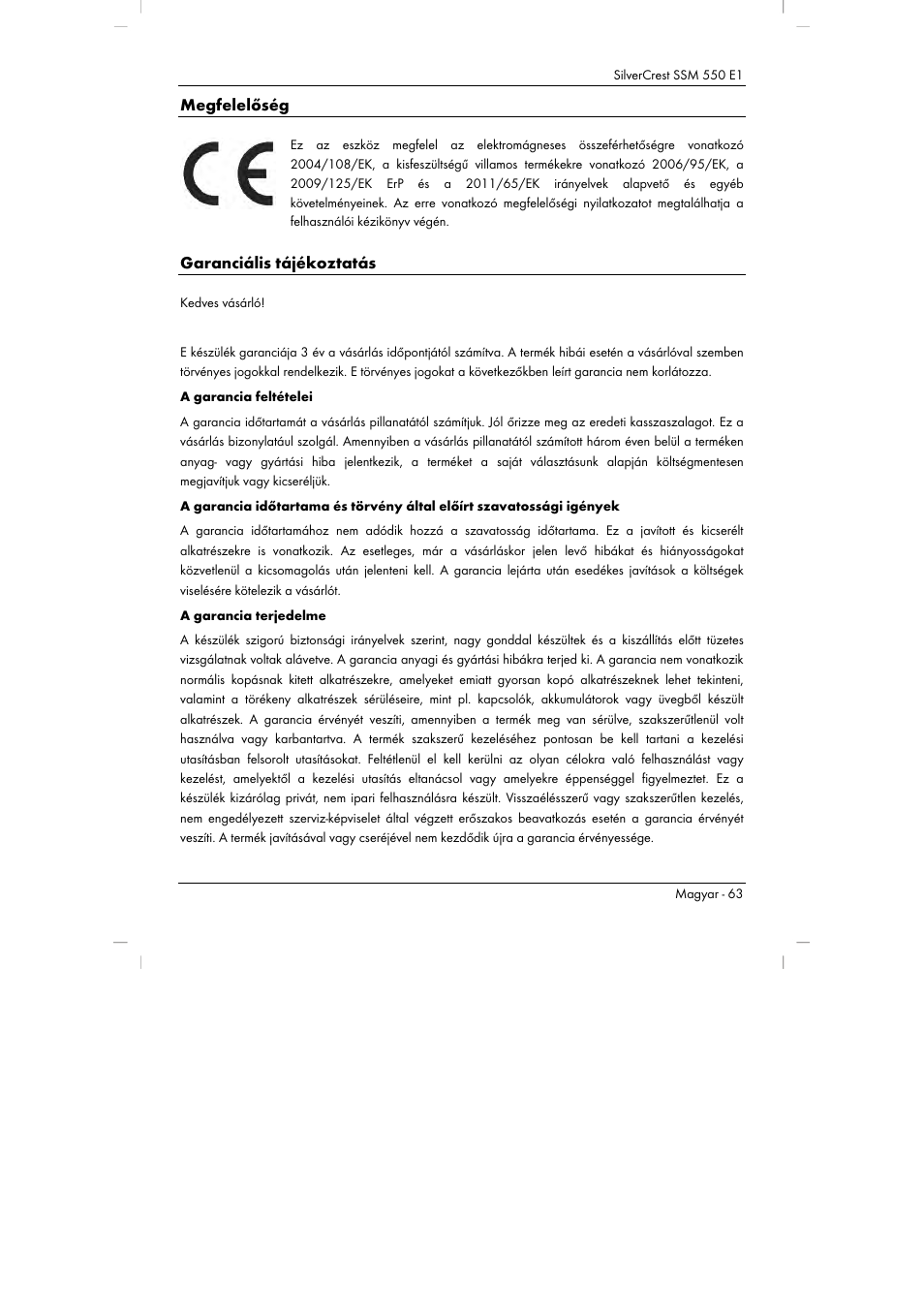 Megfelelőség, Garanciális tájékoztatás | Silvercrest SSM 550 E1 User Manual | Page 65 / 154