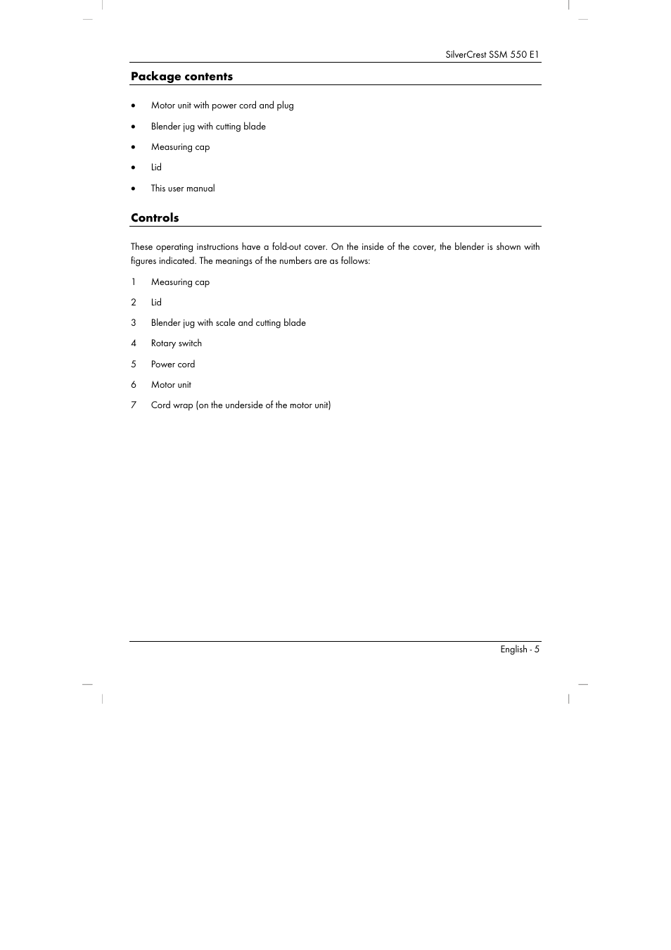 Package contents, Controls | Silvercrest SSM 550 E1 User Manual | Page 7 / 154