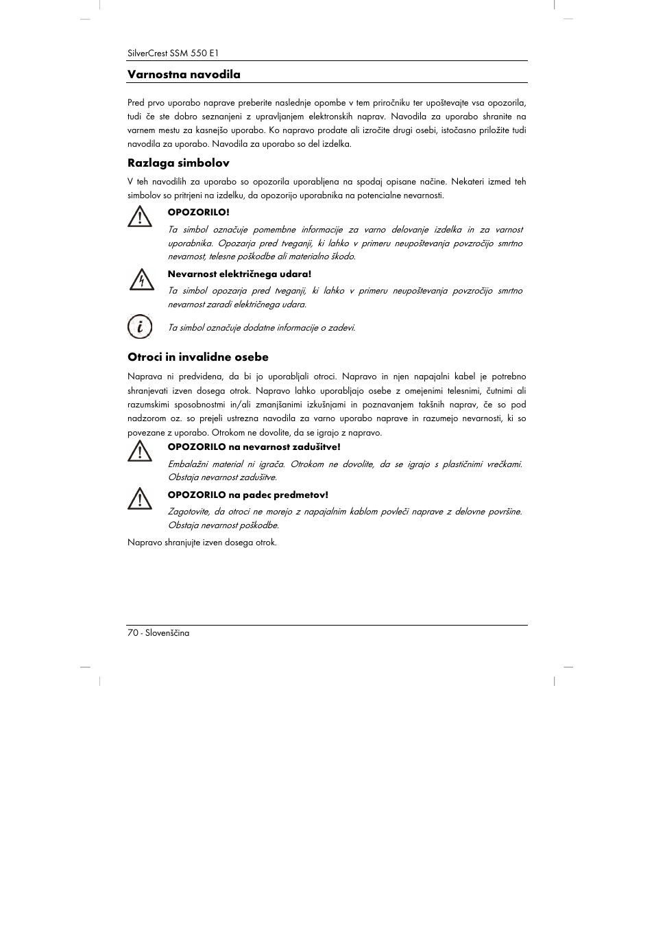 Varnostna navodila, Razlaga simbolov, Otroci in invalidne osebe | Silvercrest SSM 550 E1 User Manual | Page 72 / 154