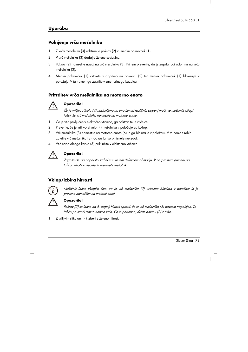 Uporaba polnjenje vrča mešalnika, Pritrditev vrča mešalnika na motorno enoto, Vklop/izbira hitrosti | Silvercrest SSM 550 E1 User Manual | Page 75 / 154