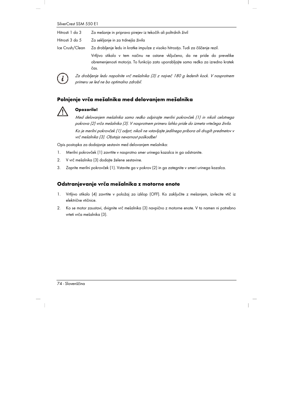 Polnjenje vrča mešalnika med delovanjem mešalnika | Silvercrest SSM 550 E1 User Manual | Page 76 / 154