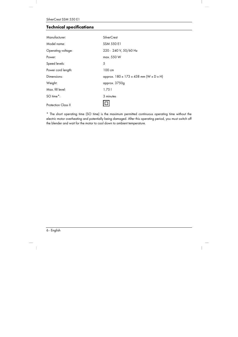 Technical specifications | Silvercrest SSM 550 E1 User Manual | Page 8 / 154