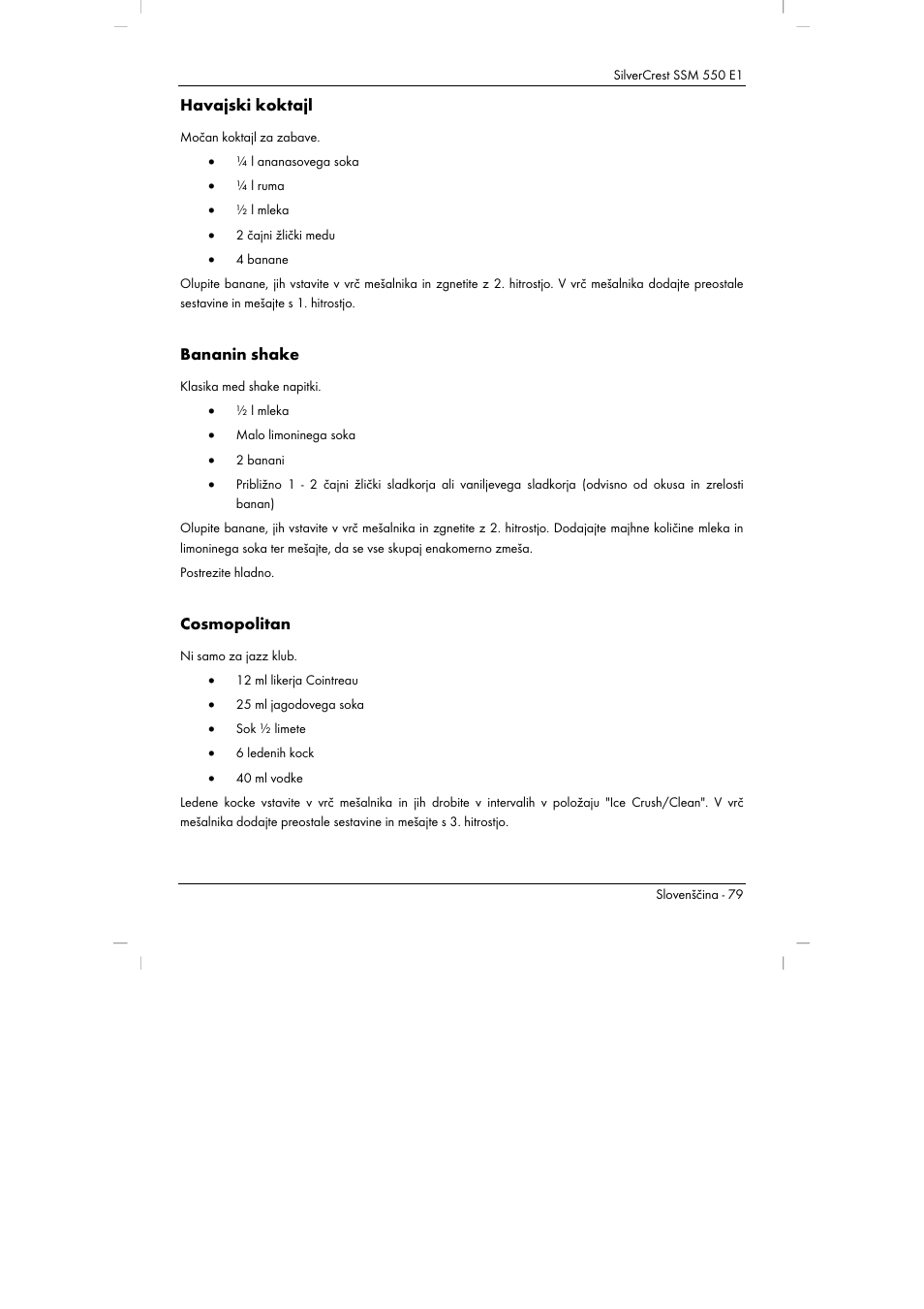 Havajski koktajl, Bananin shake, Cosmopolitan | Silvercrest SSM 550 E1 User Manual | Page 81 / 154