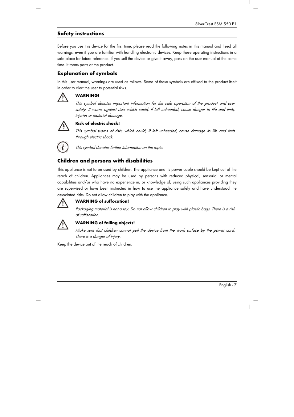 Safety instructions, Explanation of symbols, Children and persons with disabilities | Silvercrest SSM 550 E1 User Manual | Page 9 / 154