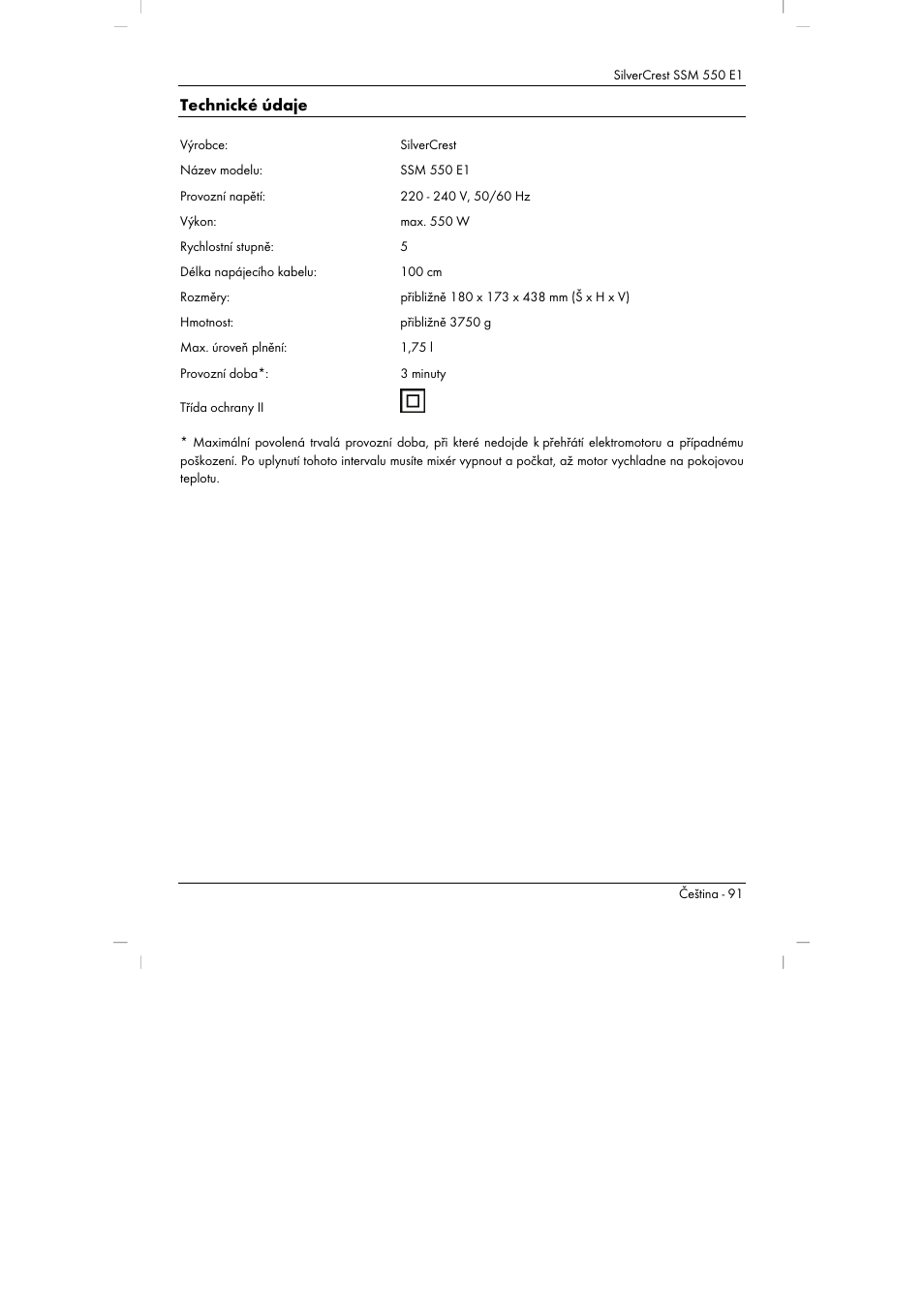 Technické údaje | Silvercrest SSM 550 E1 User Manual | Page 93 / 154