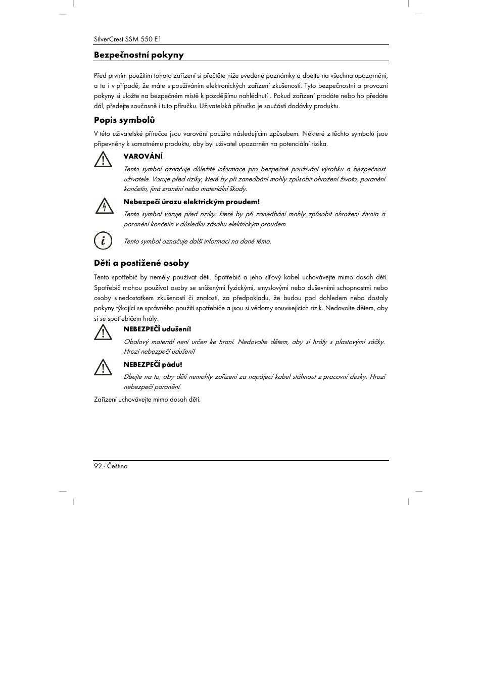 Bezpečnostní pokyny, Popis symbolů, Děti a postižené osoby | Silvercrest SSM 550 E1 User Manual | Page 94 / 154