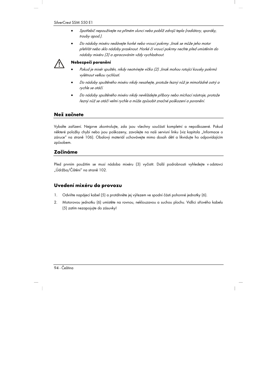 Než začnete, Začínáme, Uvedení mixéru do provozu | Silvercrest SSM 550 E1 User Manual | Page 96 / 154