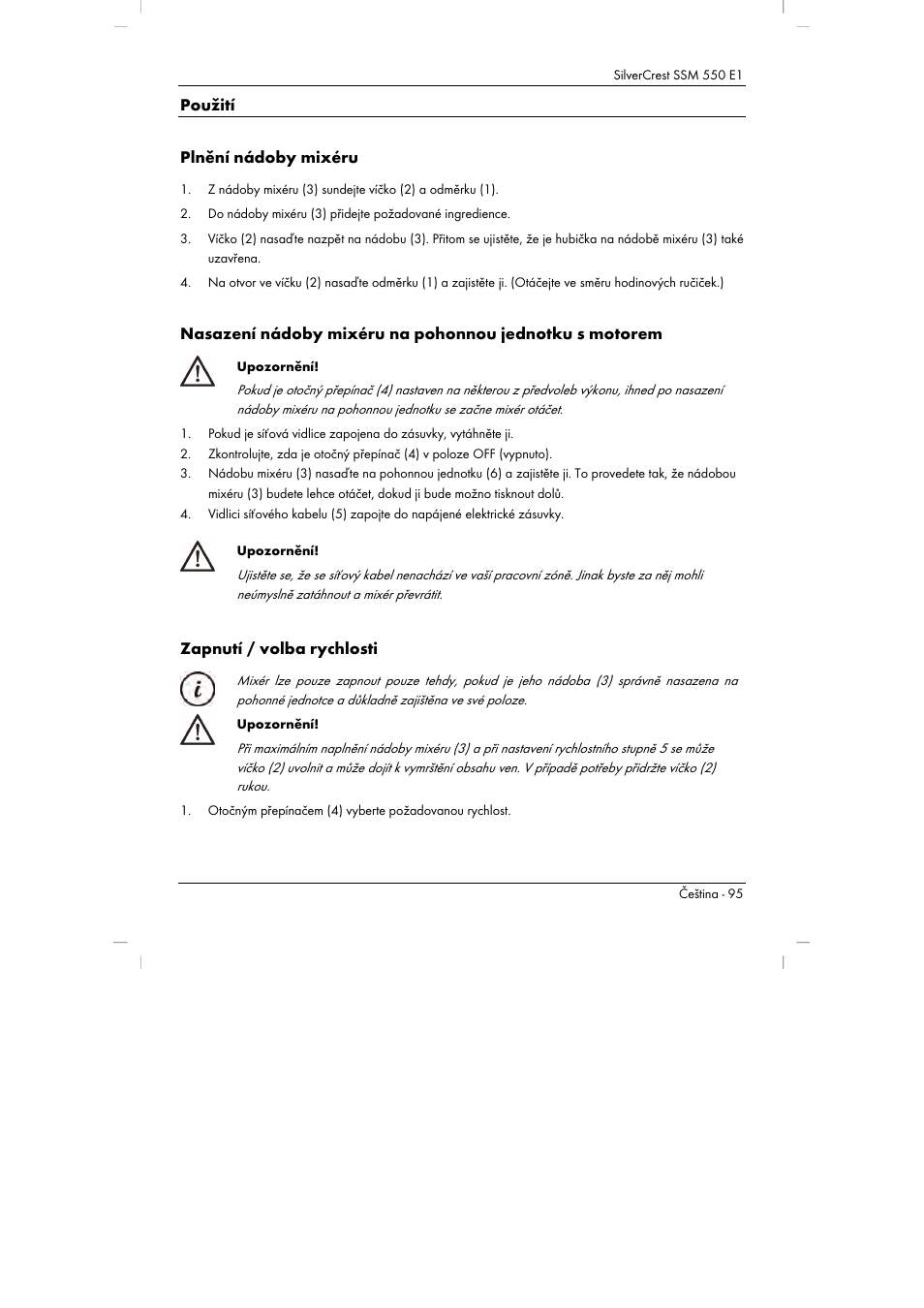 Použití plnění nádoby mixéru, Zapnutí / volba rychlosti | Silvercrest SSM 550 E1 User Manual | Page 97 / 154