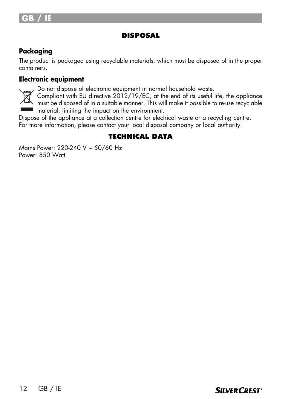 Gb / ie | Silvercrest SEMR 850 A1 User Manual | Page 12 / 54