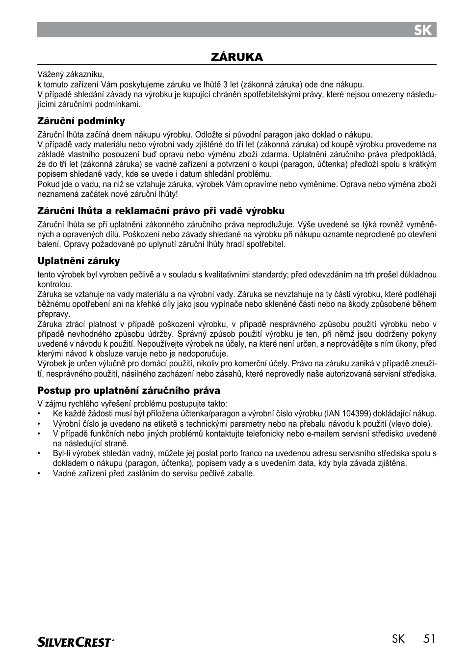 51 sk záruka | Silvercrest SEMR 850 A1 User Manual | Page 51 / 91