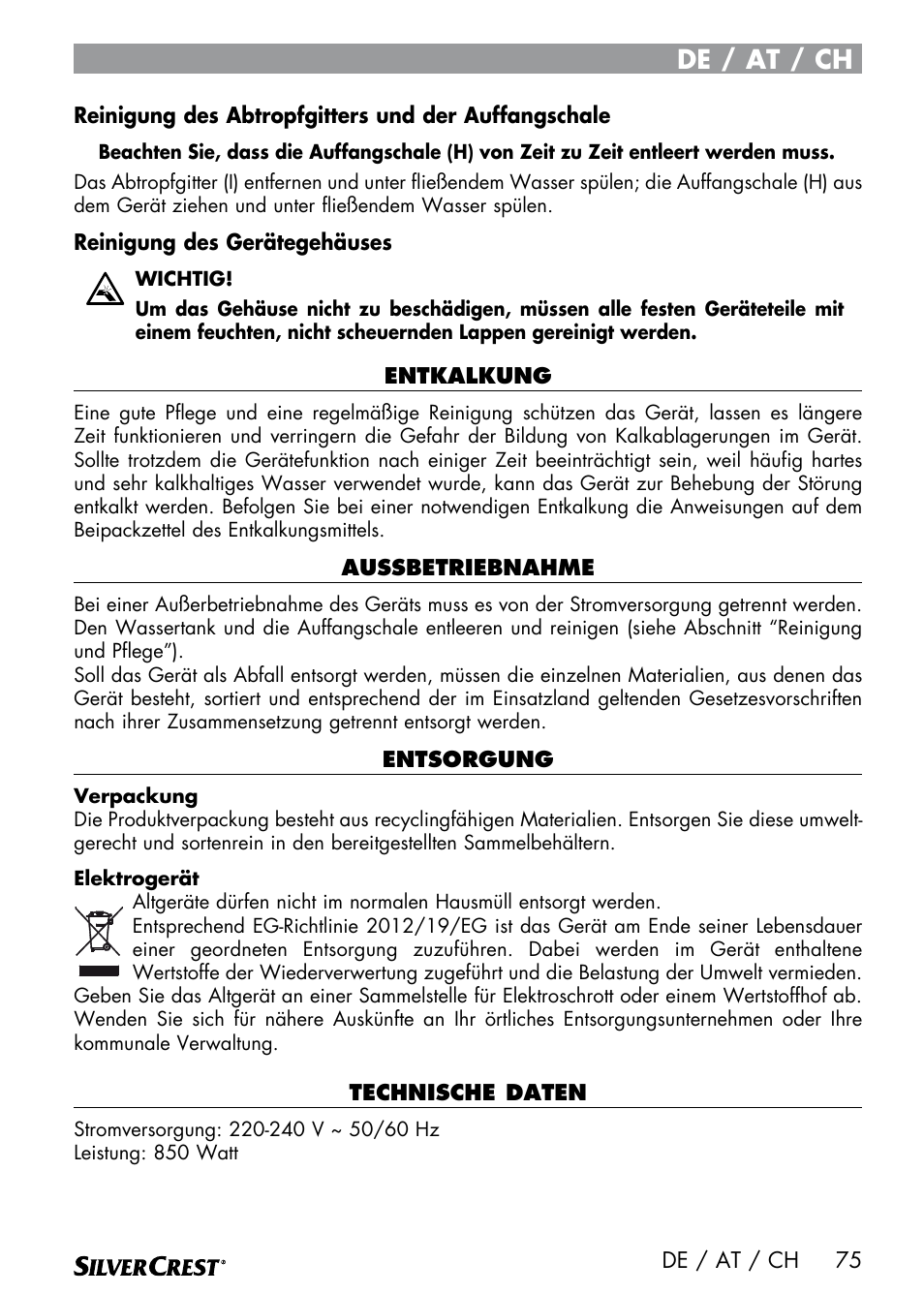 De / at / ch | Silvercrest SEMR 850 A1 User Manual | Page 75 / 91