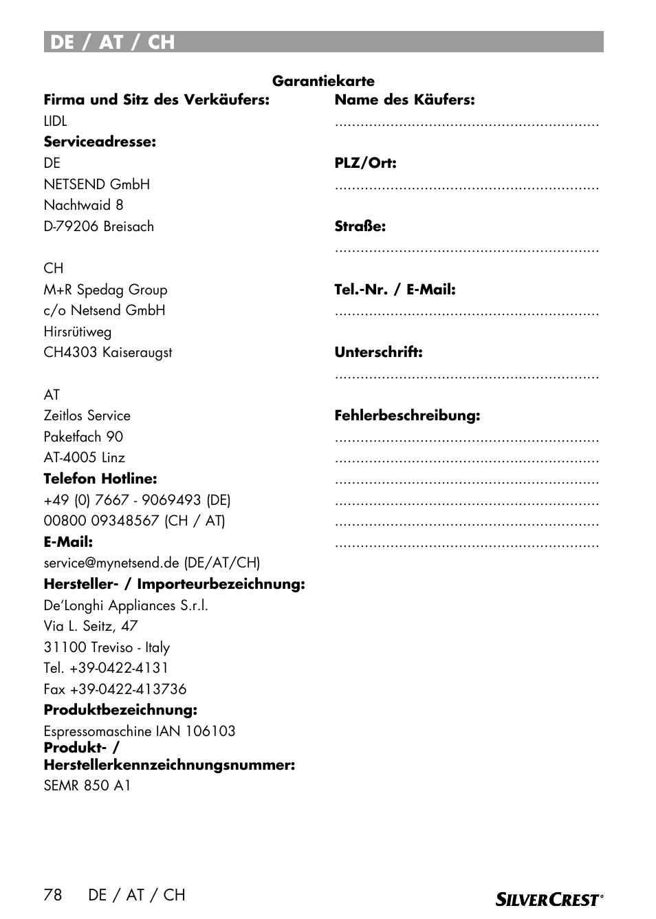 De / at / ch | Silvercrest SEMR 850 A1 User Manual | Page 78 / 91