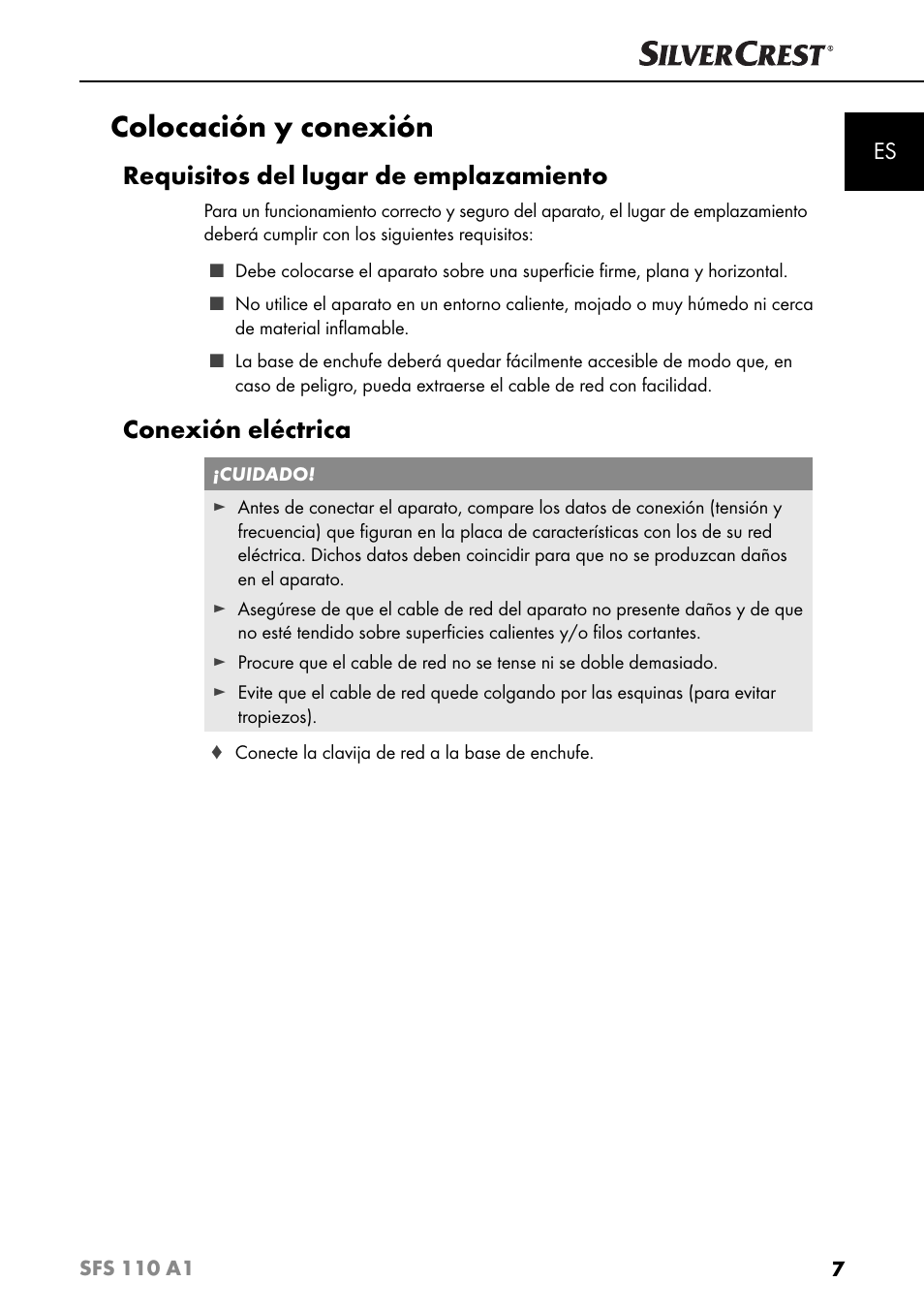 Colocación y conexión, Requisitos del lugar de emplazamiento, Conexión eléctrica | Silvercrest SFS 110 A1 User Manual | Page 10 / 80