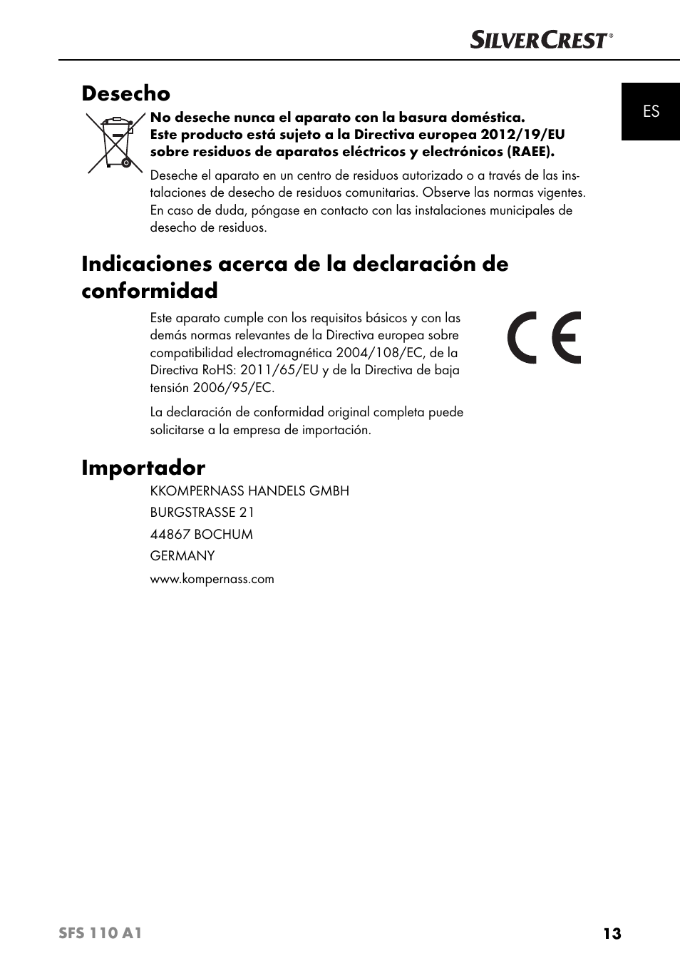 Desecho, Importador | Silvercrest SFS 110 A1 User Manual | Page 16 / 80