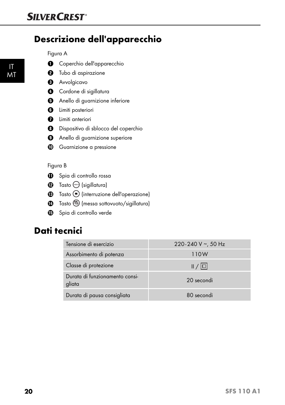 Descrizione dell'apparecchio, Dati tecnici, It mt | Silvercrest SFS 110 A1 User Manual | Page 23 / 80