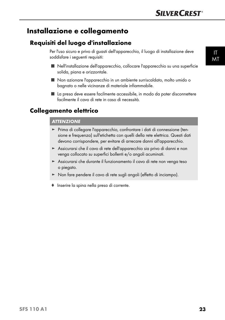 Installazione e collegamento, Requisiti del luogo d'installazione, Collegamento elettrico | It mt | Silvercrest SFS 110 A1 User Manual | Page 26 / 80