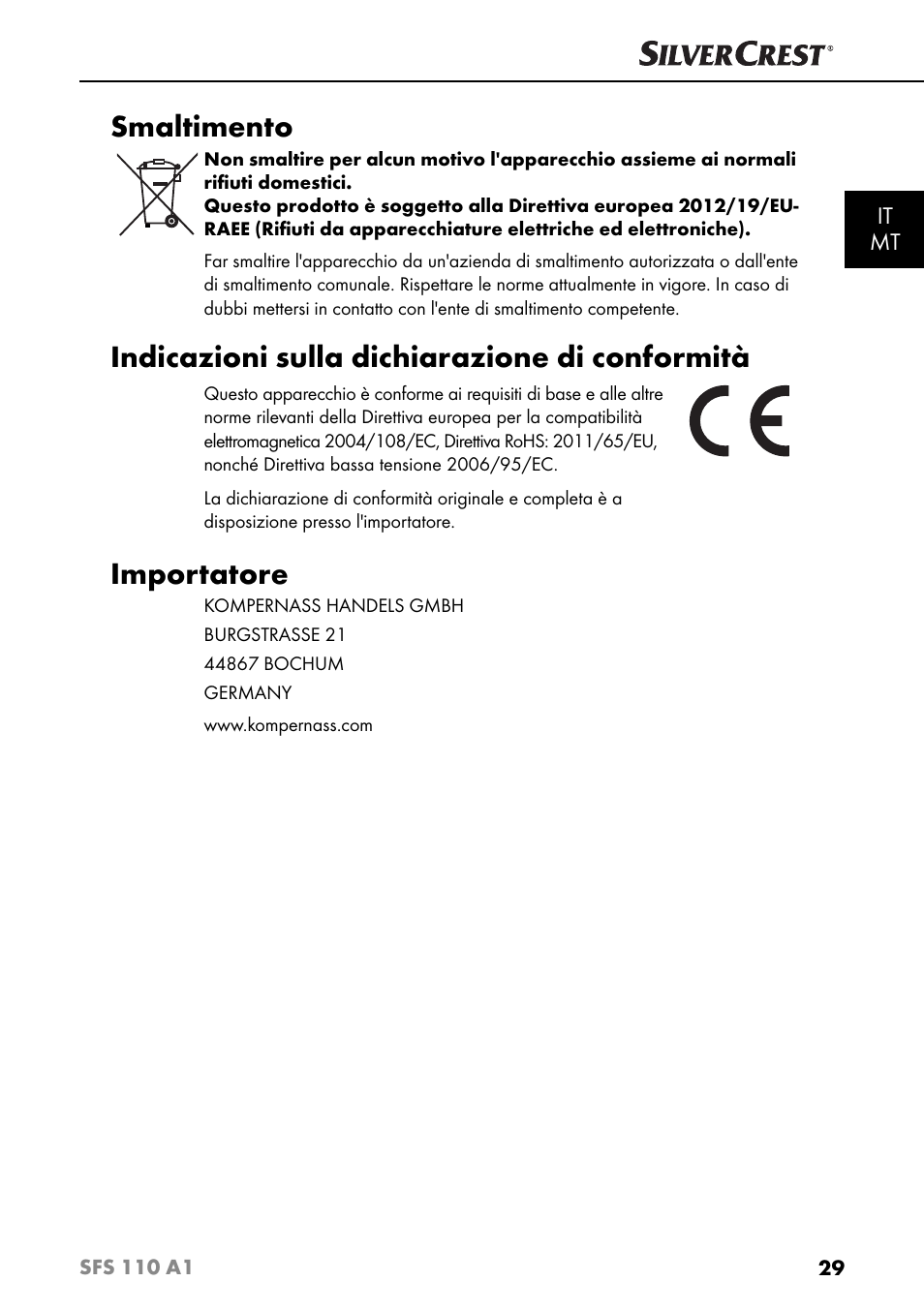 Smaltimento, Indicazioni sulla dichiarazione di conformità, Importatore | Silvercrest SFS 110 A1 User Manual | Page 32 / 80