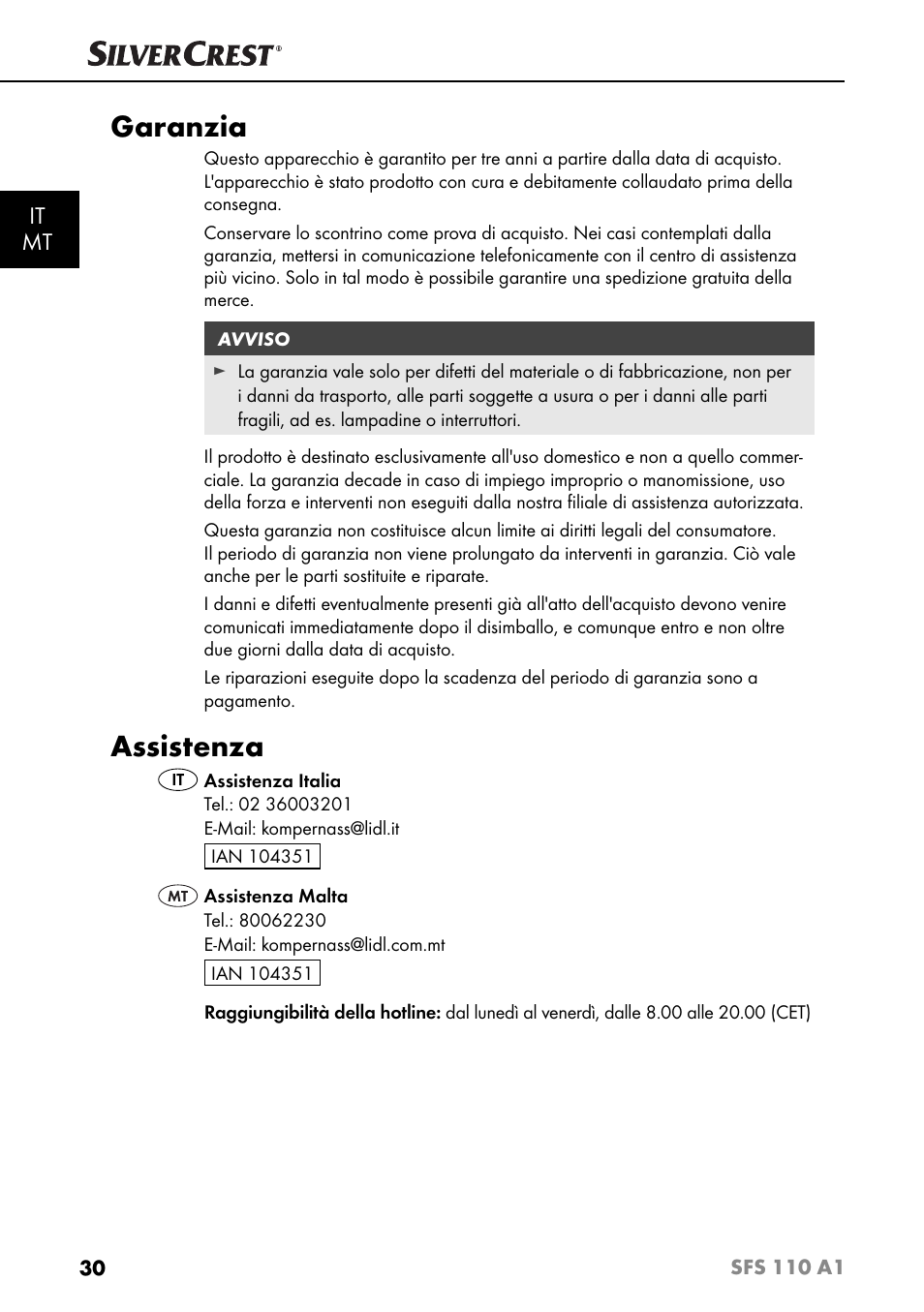 Garanzia, Assistenza, It mt | Silvercrest SFS 110 A1 User Manual | Page 33 / 80
