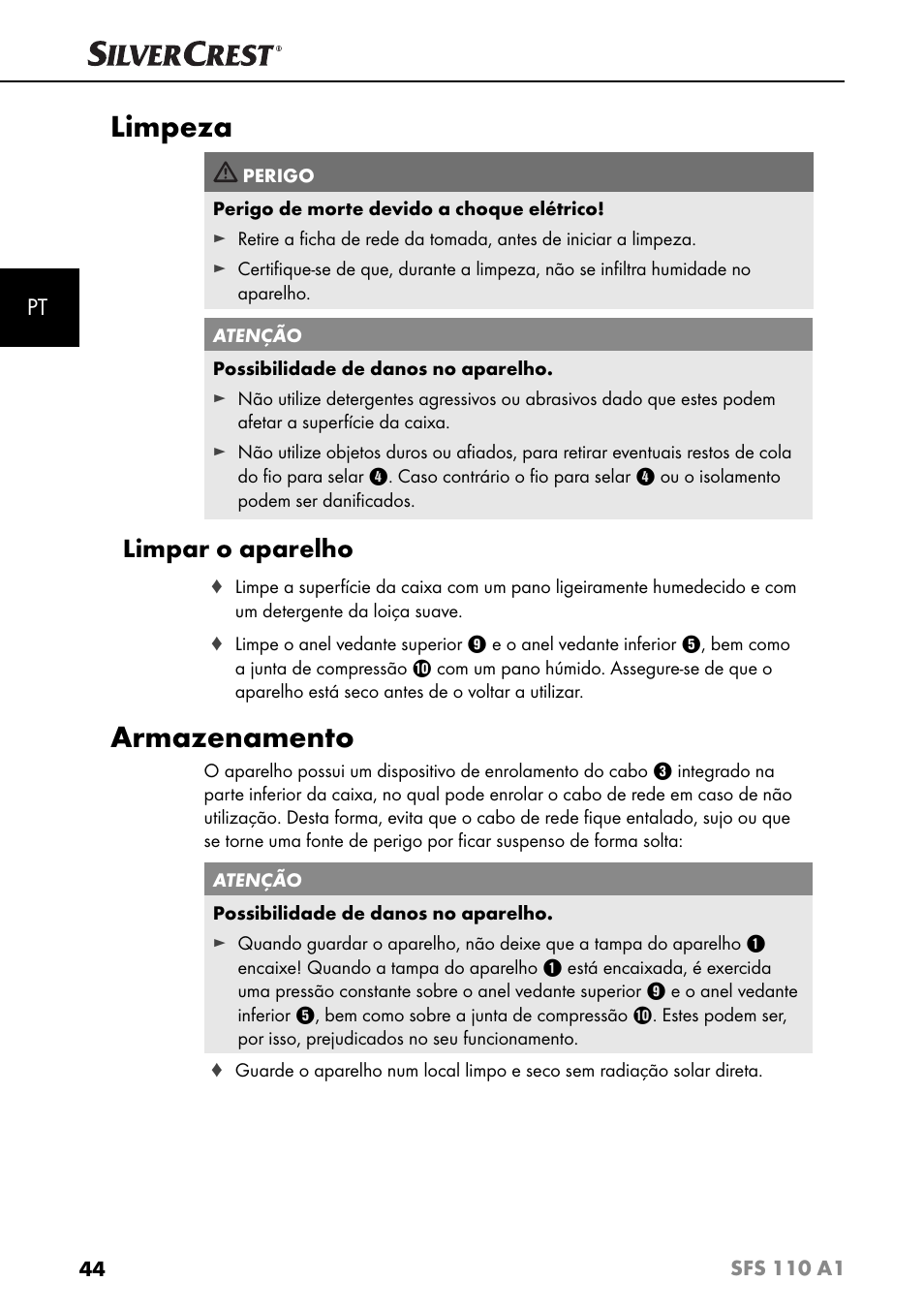 Limpeza, Armazenamento, Limpar o aparelho | Silvercrest SFS 110 A1 User Manual | Page 47 / 80