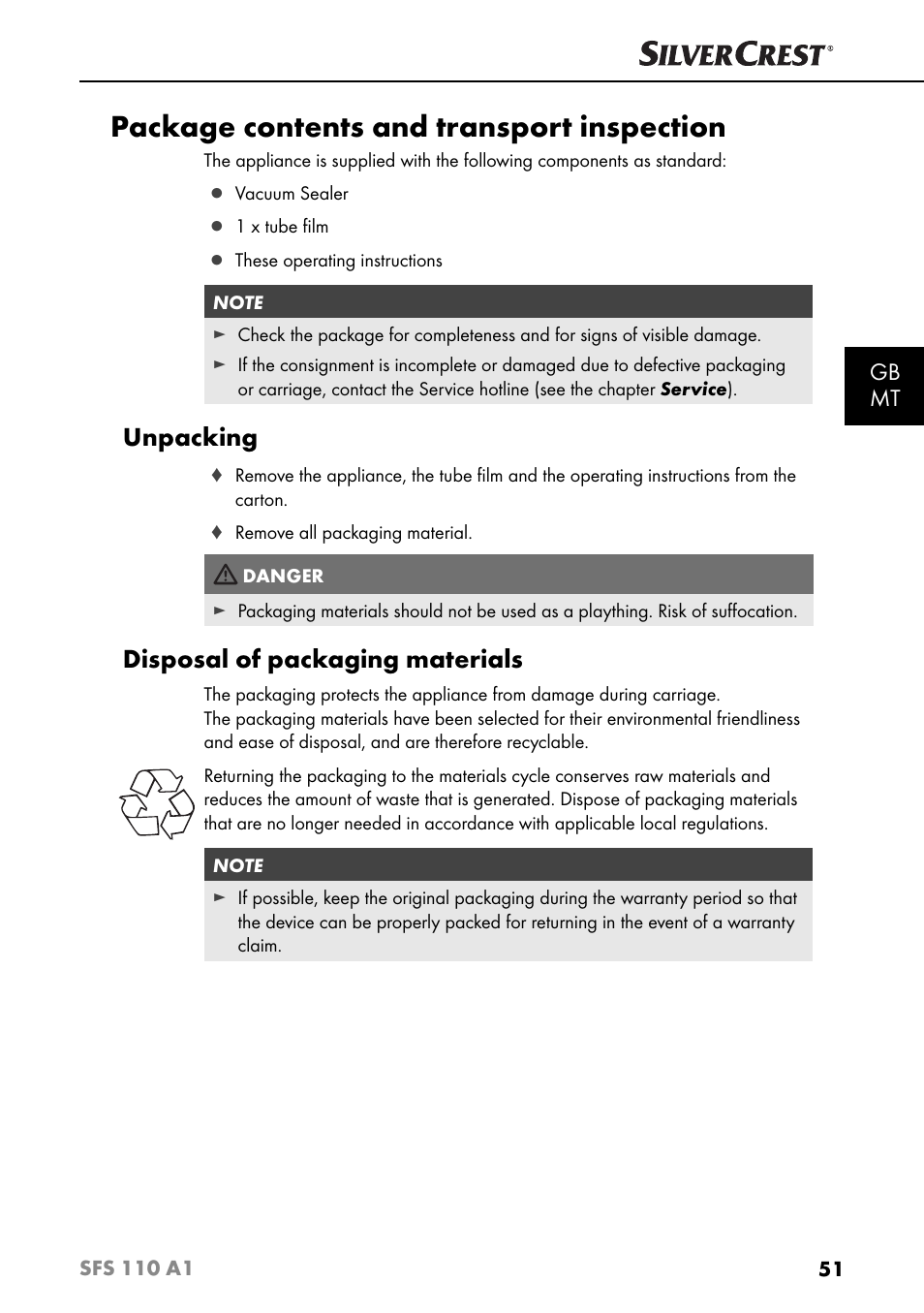 Package contents and transport inspection, Unpacking, Disposal of packaging materials | Gb mt | Silvercrest SFS 110 A1 User Manual | Page 54 / 80
