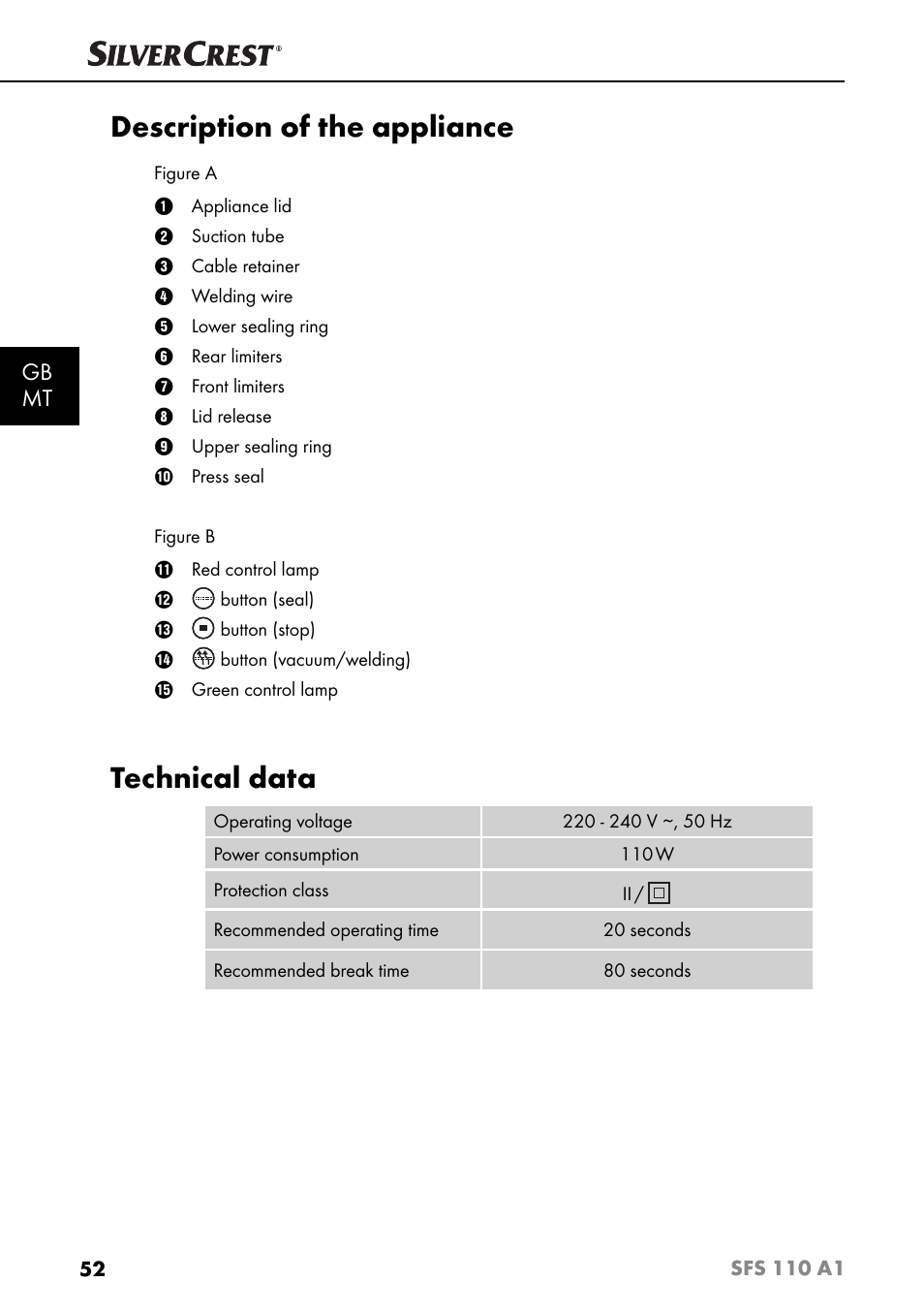 Description of the appliance, Technical data, Gb mt | Silvercrest SFS 110 A1 User Manual | Page 55 / 80