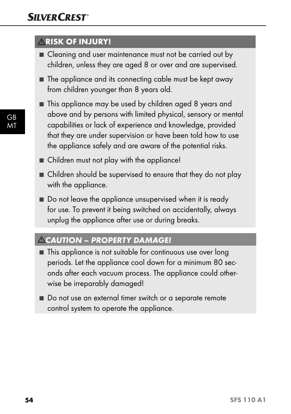 Risk of injury, Children must not play with the appliance | Silvercrest SFS 110 A1 User Manual | Page 57 / 80