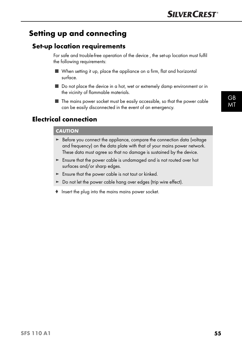 Setting up and connecting, Set-up location requirements, Electrical connection | Gb mt | Silvercrest SFS 110 A1 User Manual | Page 58 / 80