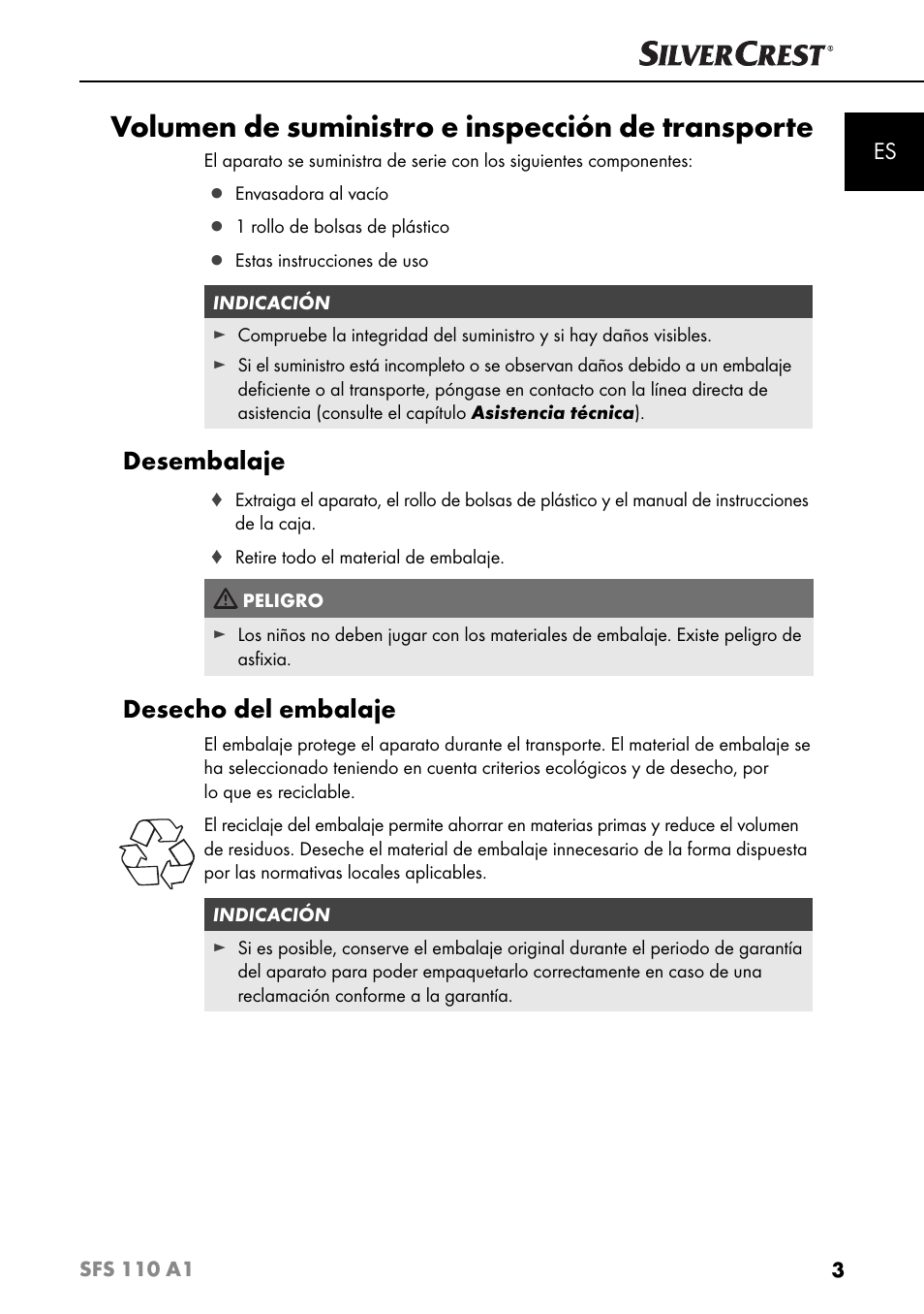 Volumen de suministro e inspección de transporte, Desembalaje, Desecho del embalaje | Silvercrest SFS 110 A1 User Manual | Page 6 / 80