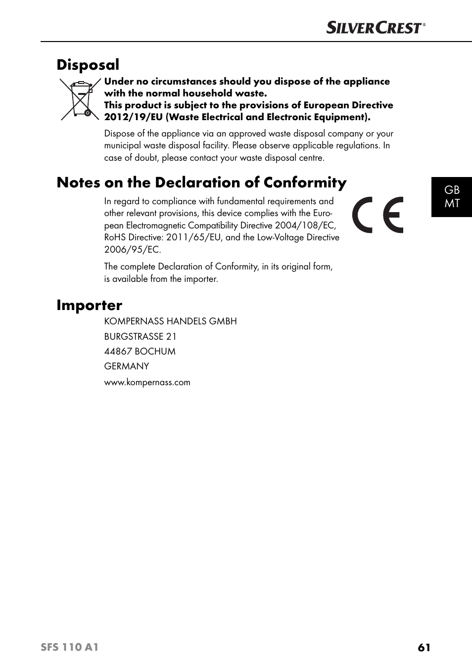 Disposal, Importer | Silvercrest SFS 110 A1 User Manual | Page 64 / 80