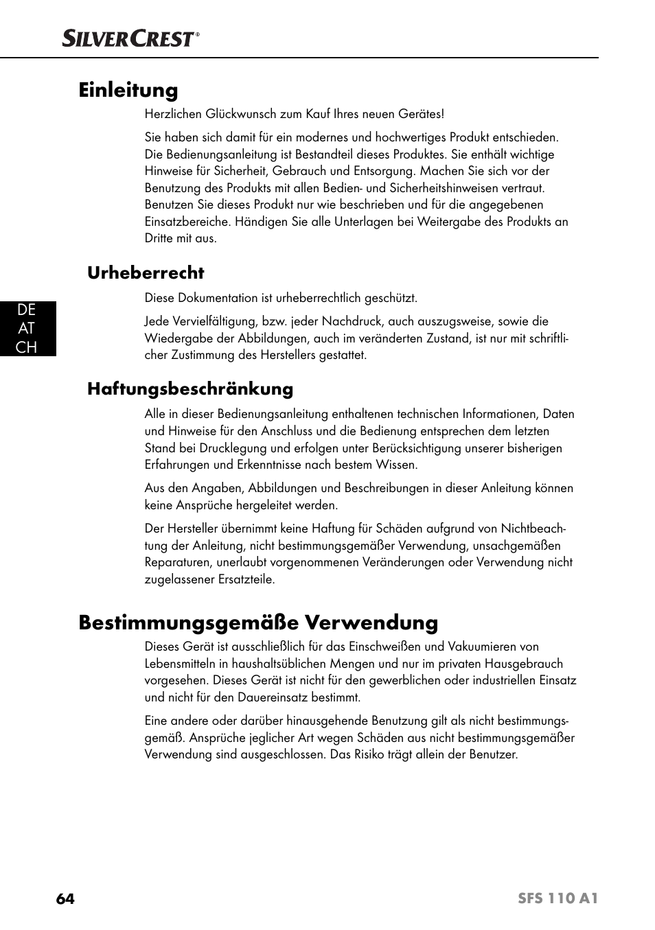 Einleitung, Bestimmungsgemäße verwendung, Urheberrecht | Haftungsbeschränkung | Silvercrest SFS 110 A1 User Manual | Page 67 / 80