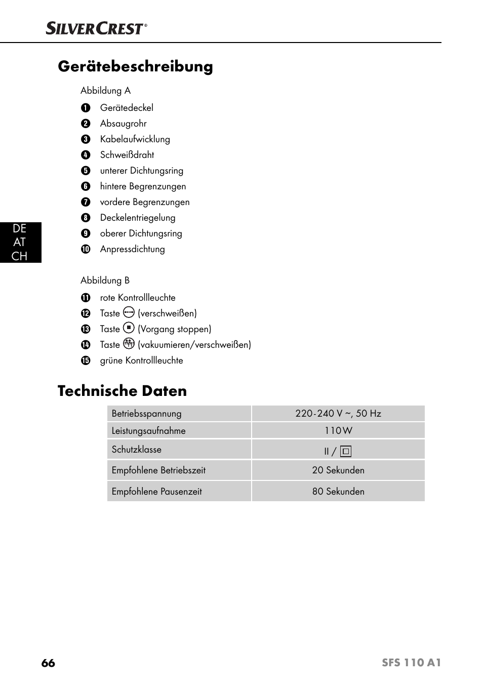 Gerätebeschreibung, Technische daten, De at ch | Silvercrest SFS 110 A1 User Manual | Page 69 / 80