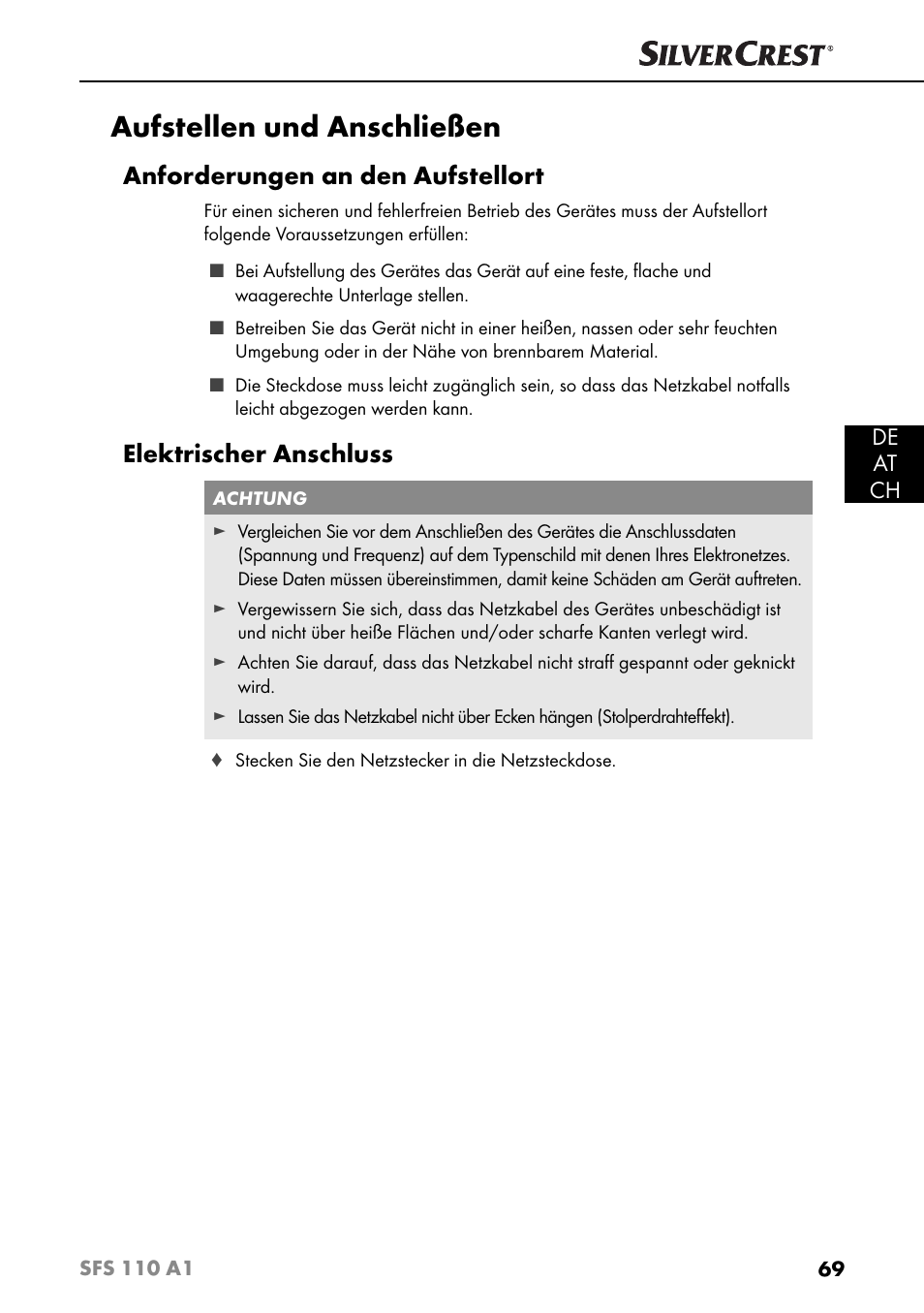 Aufstellen und anschließen, Anforderungen an den aufstellort, Elektrischer anschluss | De at ch | Silvercrest SFS 110 A1 User Manual | Page 72 / 80