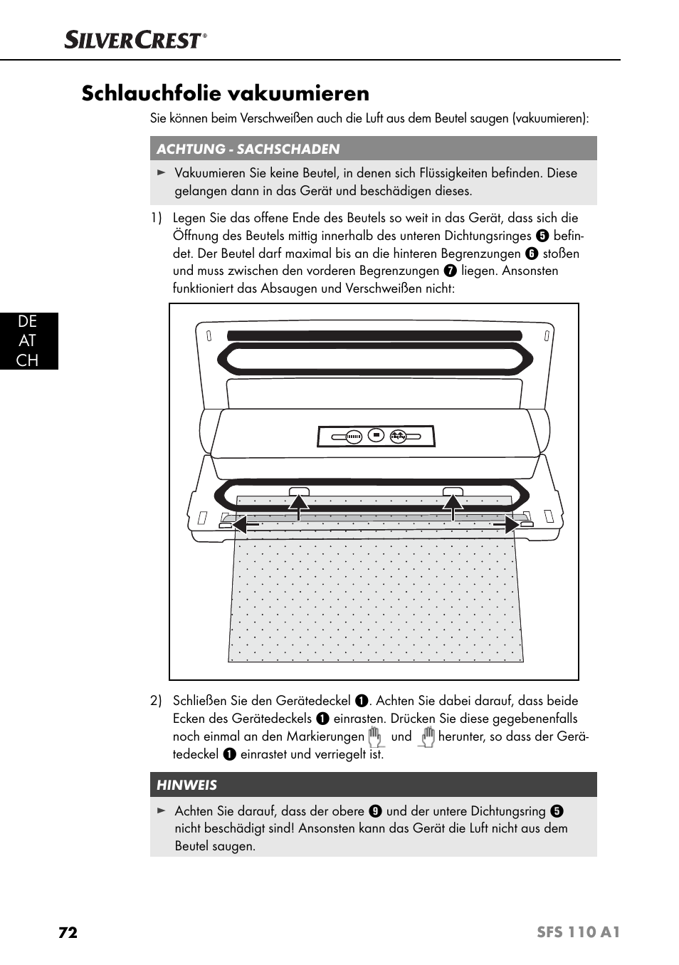 Schlauchfolie vakuumieren, De at ch | Silvercrest SFS 110 A1 User Manual | Page 75 / 80