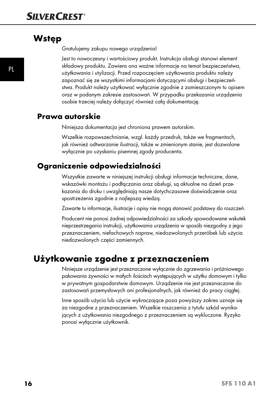 Wstęp, Użytkowanie zgodne z przeznaczeniem, Prawa autorskie | Ograniczenie odpowiedzialności | Silvercrest SFS 110 A1 User Manual | Page 19 / 112