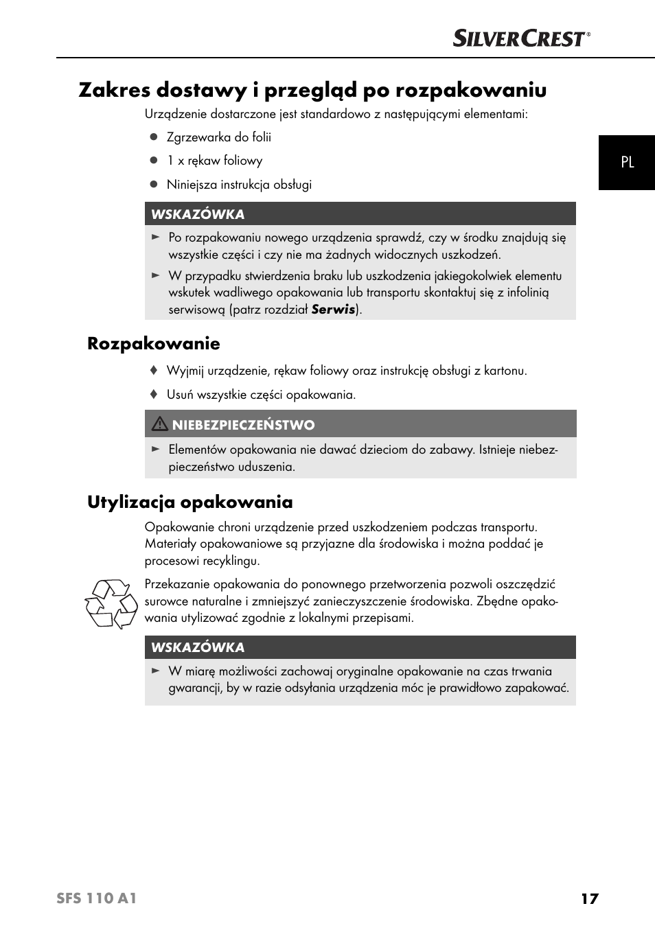 Zakres dostawy i przegląd po rozpakowaniu, Rozpakowanie, Utylizacja opakowania | Silvercrest SFS 110 A1 User Manual | Page 20 / 112