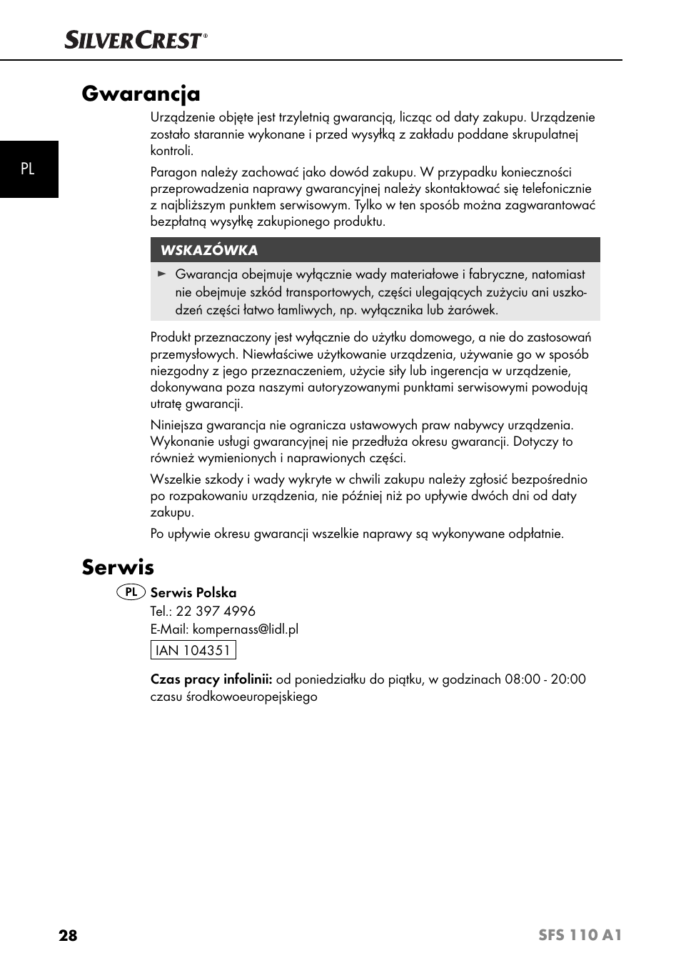 Gwarancja, Serwis | Silvercrest SFS 110 A1 User Manual | Page 31 / 112