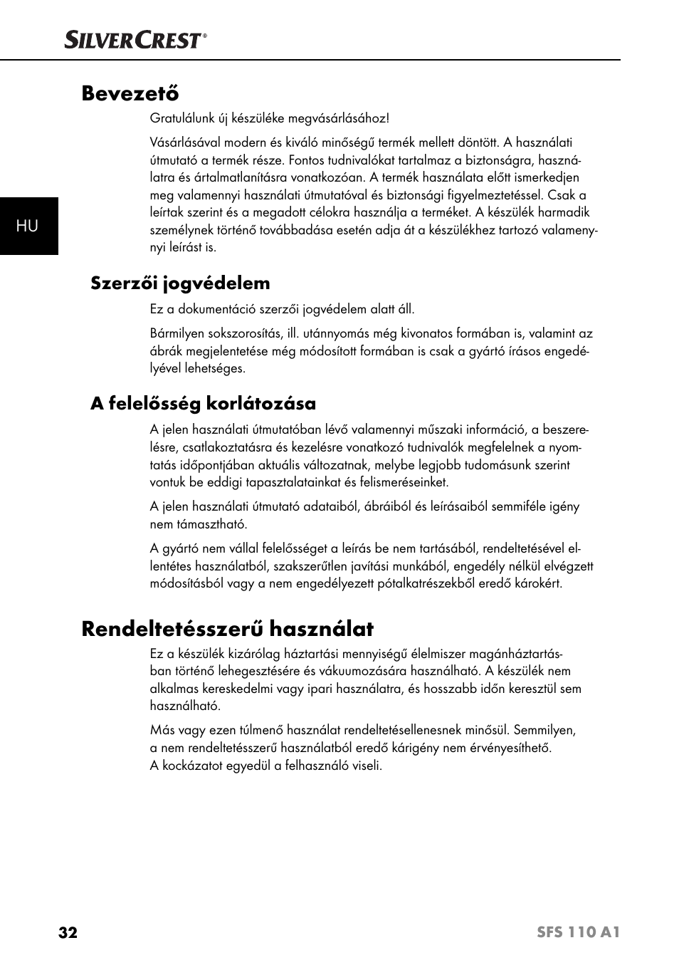 Bevezető, Rendeltetésszerű használat, Szerzői jogvédelem | A felelősség korlátozása | Silvercrest SFS 110 A1 User Manual | Page 35 / 112