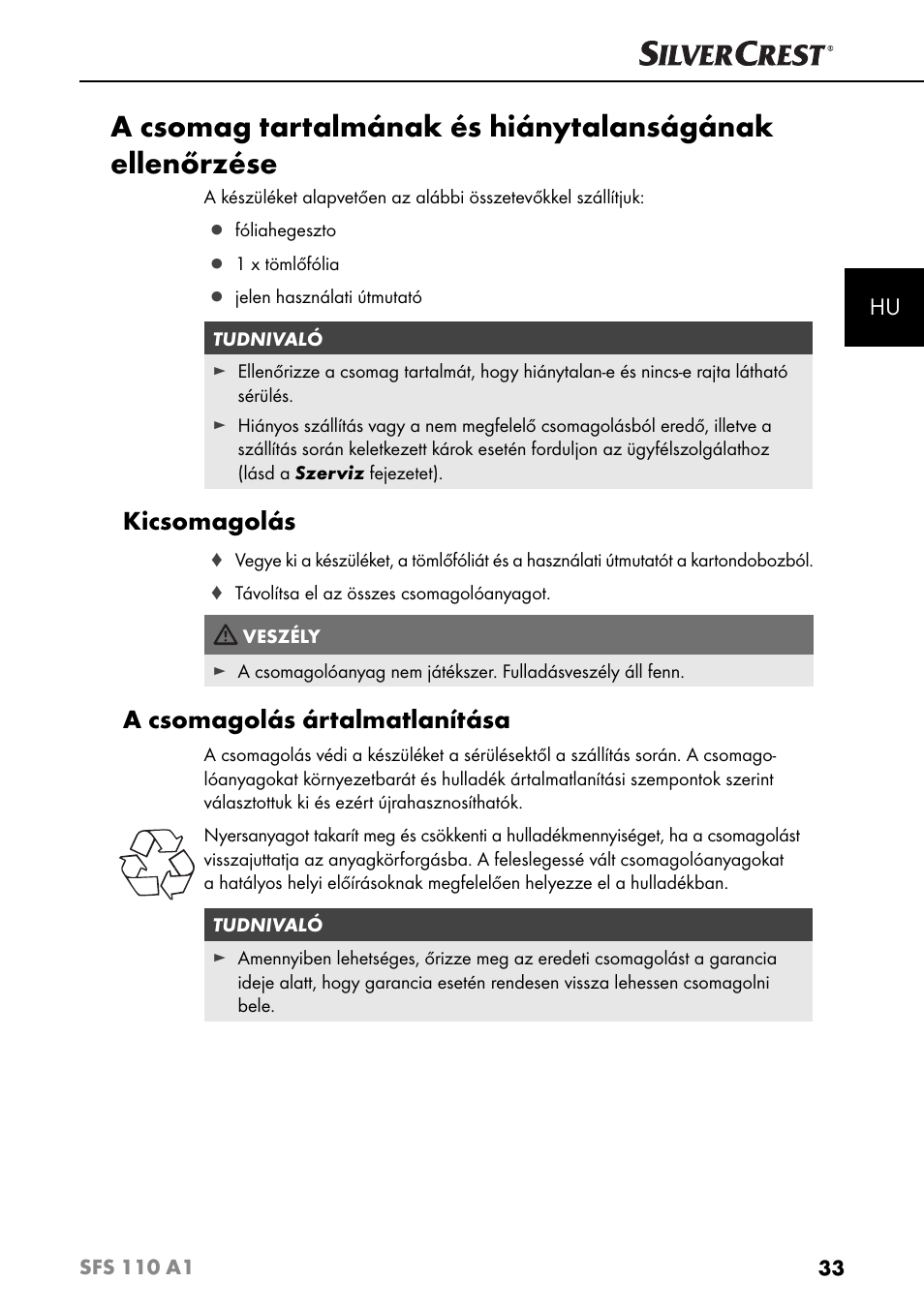 Kicsomagolás, A csomagolás ártalmatlanítása | Silvercrest SFS 110 A1 User Manual | Page 36 / 112