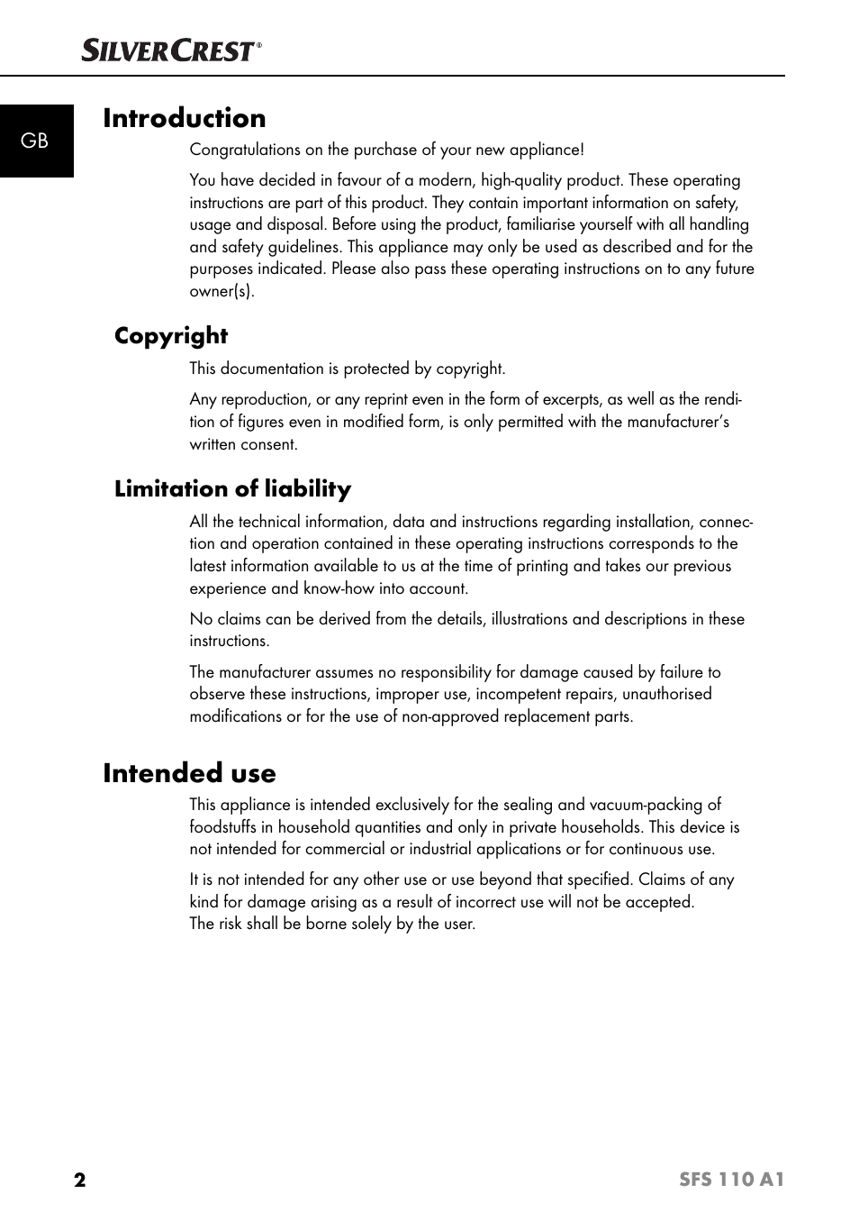 Introduction, Intended use, Copyright | Limitation of liability | Silvercrest SFS 110 A1 User Manual | Page 5 / 112