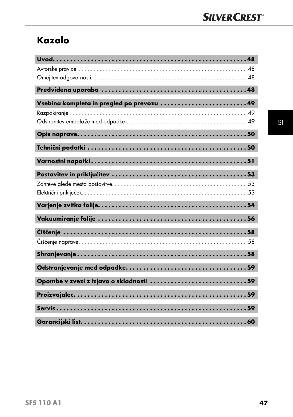 Kazalo | Silvercrest SFS 110 A1 User Manual | Page 50 / 112