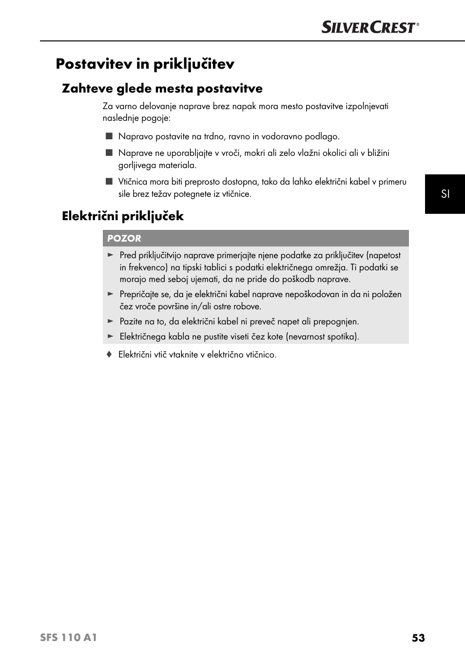 Postavitev in priključitev, Zahteve glede mesta postavitve, Električni priključek | Silvercrest SFS 110 A1 User Manual | Page 56 / 112