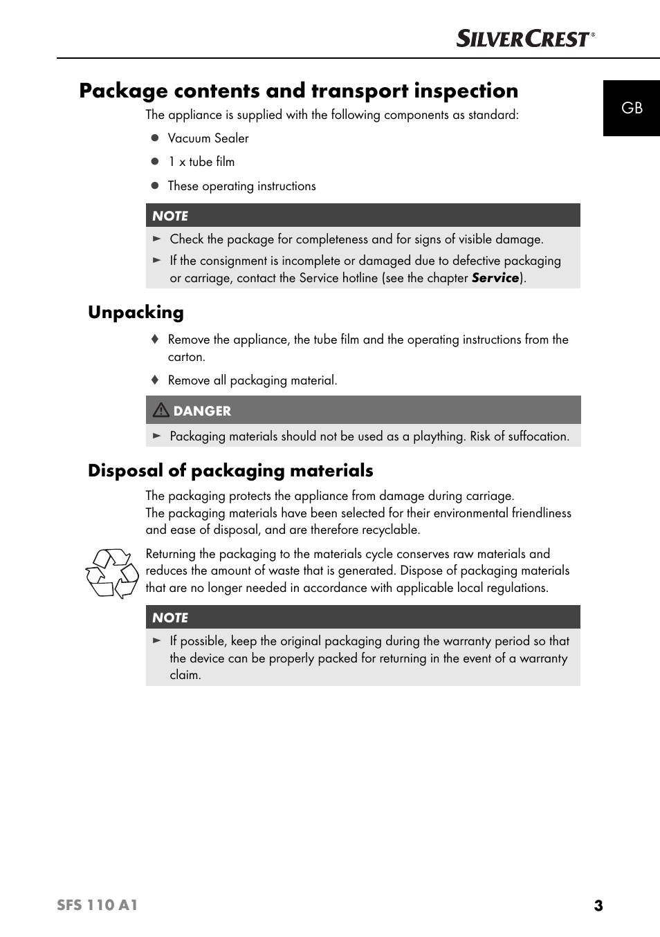 Package contents and transport inspection, Unpacking, Disposal of packaging materials | Silvercrest SFS 110 A1 User Manual | Page 6 / 112