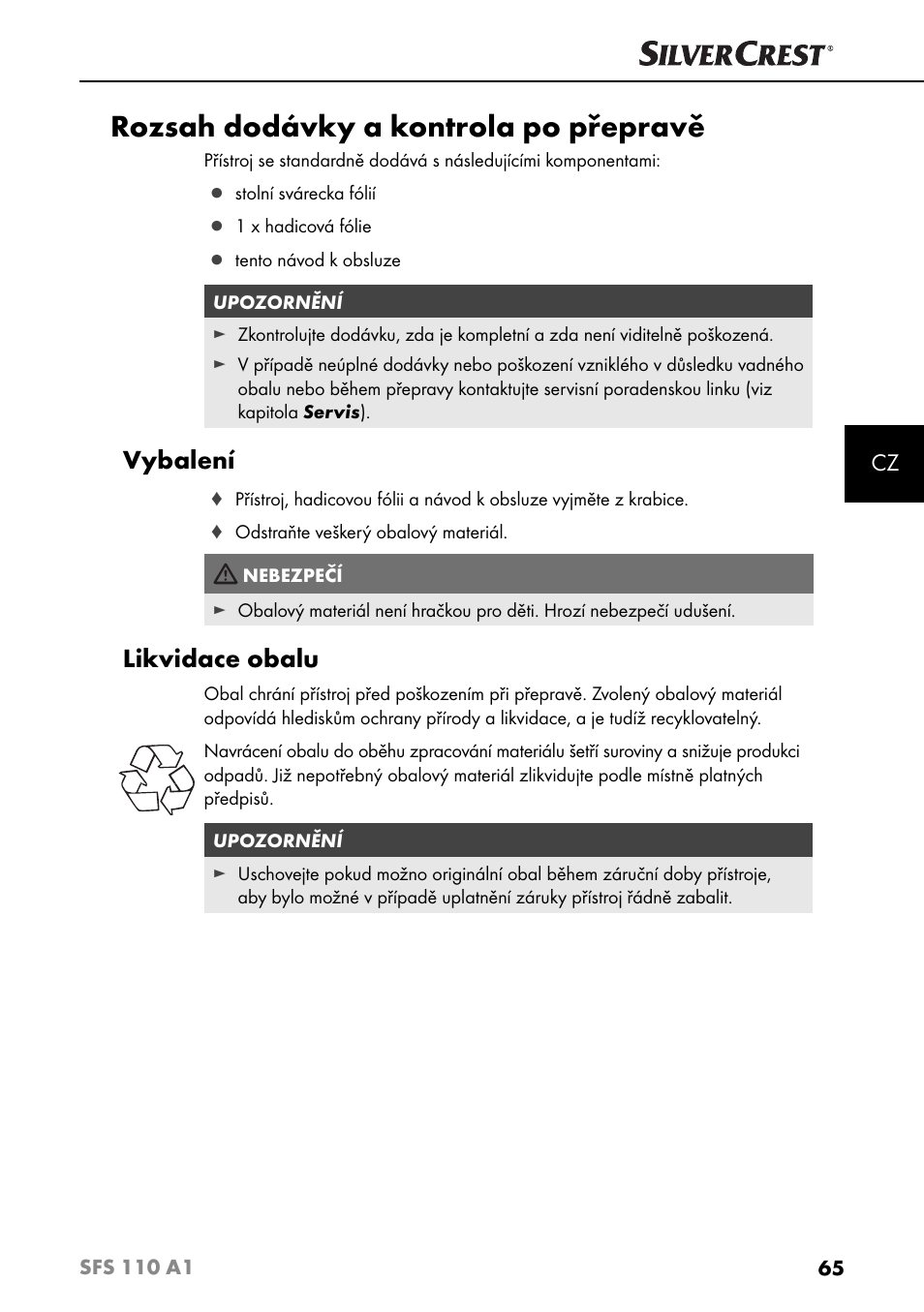 Rozsah dodávky a kontrola po přepravě, Vybalení, Likvidace obalu | Silvercrest SFS 110 A1 User Manual | Page 68 / 112
