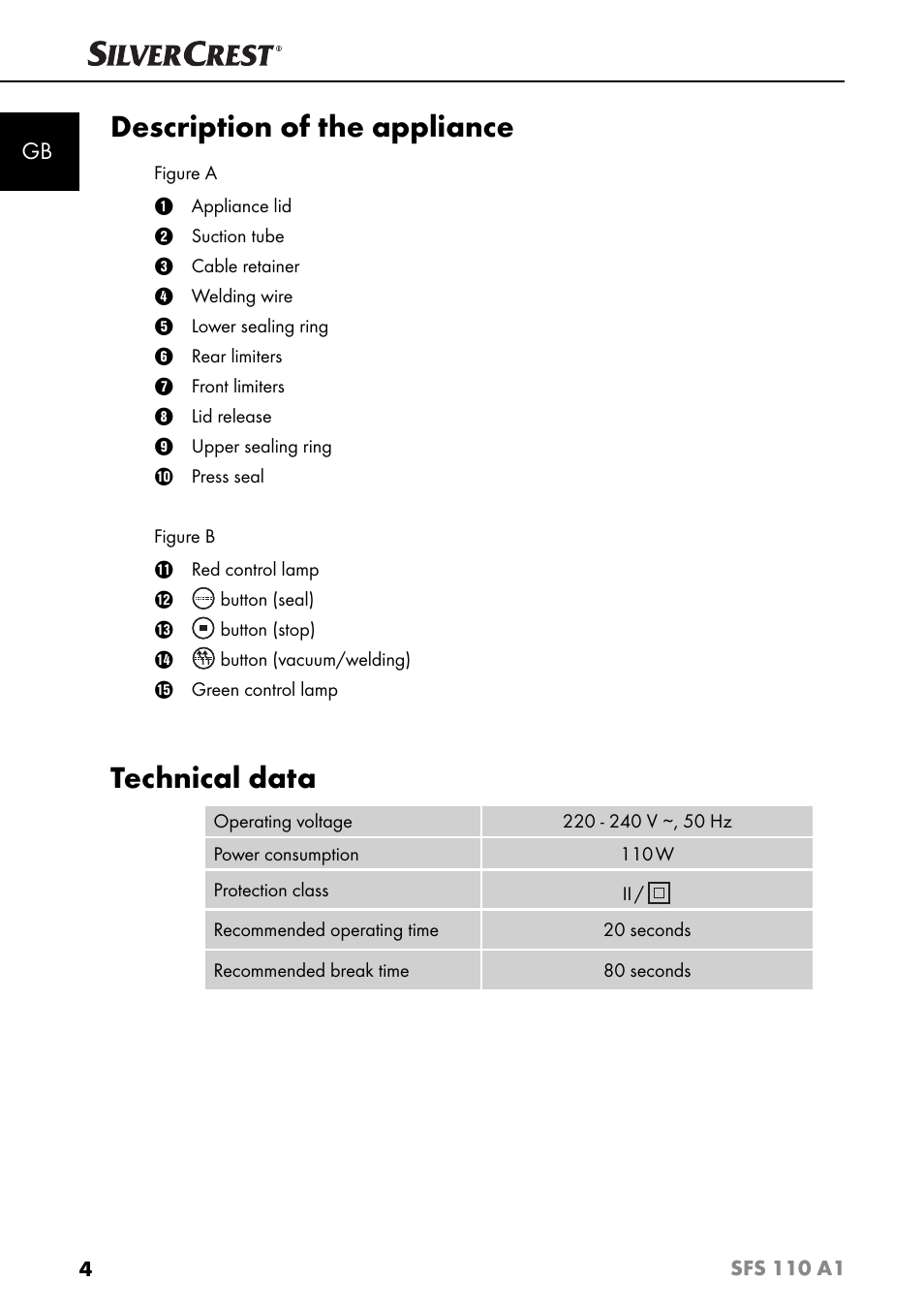 Description of the appliance, Technical data | Silvercrest SFS 110 A1 User Manual | Page 7 / 112