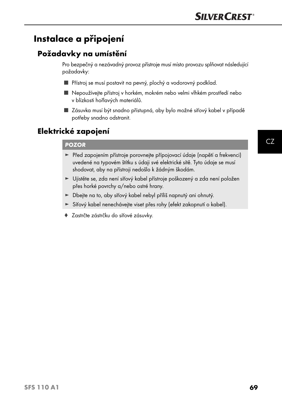 Instalace a připojení, Požadavky na umístění, Elektrické zapojení | Silvercrest SFS 110 A1 User Manual | Page 72 / 112