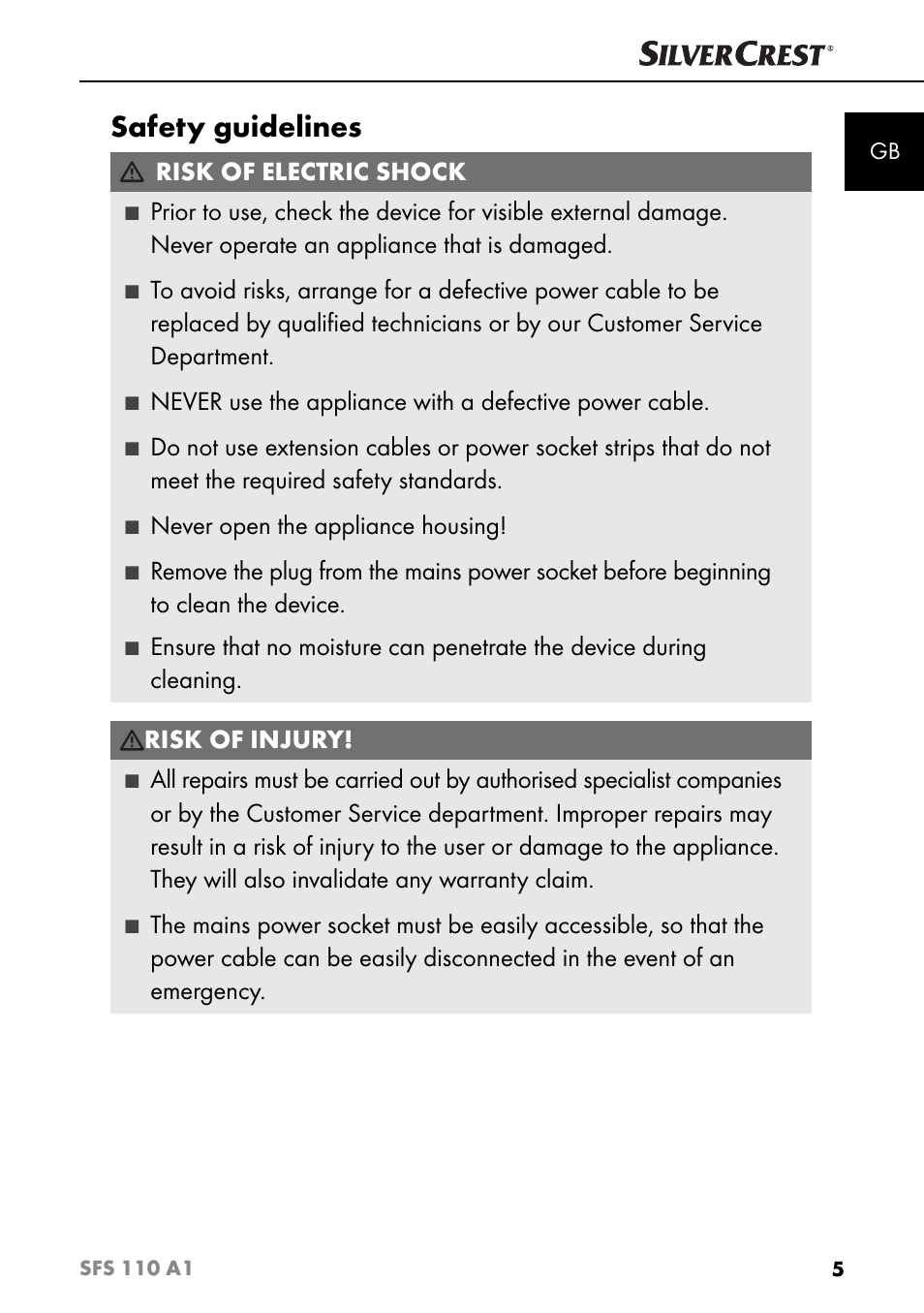 Safety guidelines, Risk of electric shock, Never open the appliance housing | Silvercrest SFS 110 A1 User Manual | Page 8 / 112