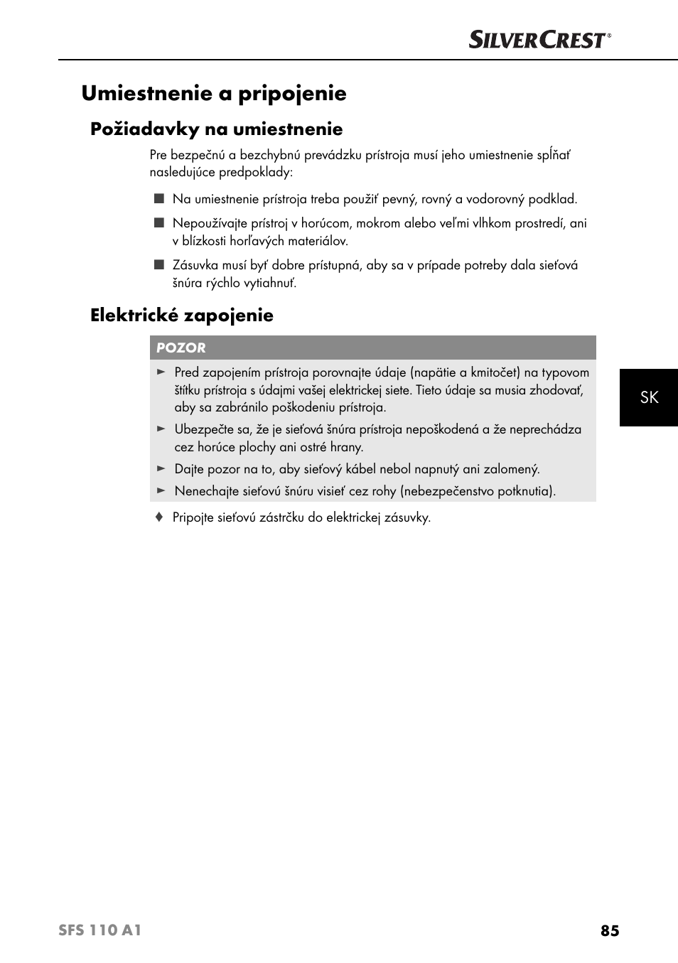 Umiestnenie a pripojenie, Požiadavky na umiestnenie, Elektrické zapojenie | Silvercrest SFS 110 A1 User Manual | Page 88 / 112