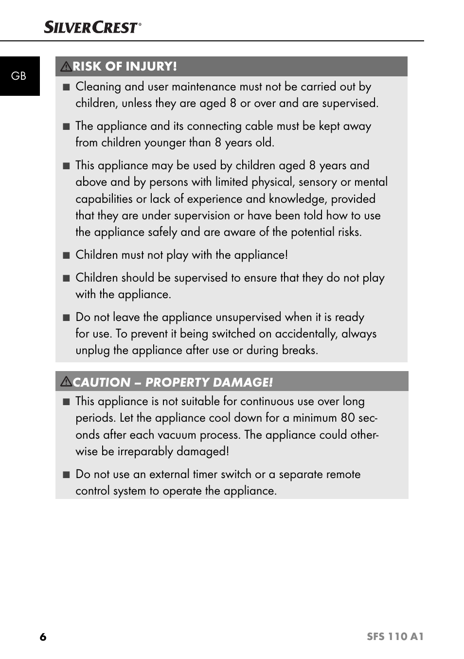 Risk of injury, Children must not play with the appliance | Silvercrest SFS 110 A1 User Manual | Page 9 / 112