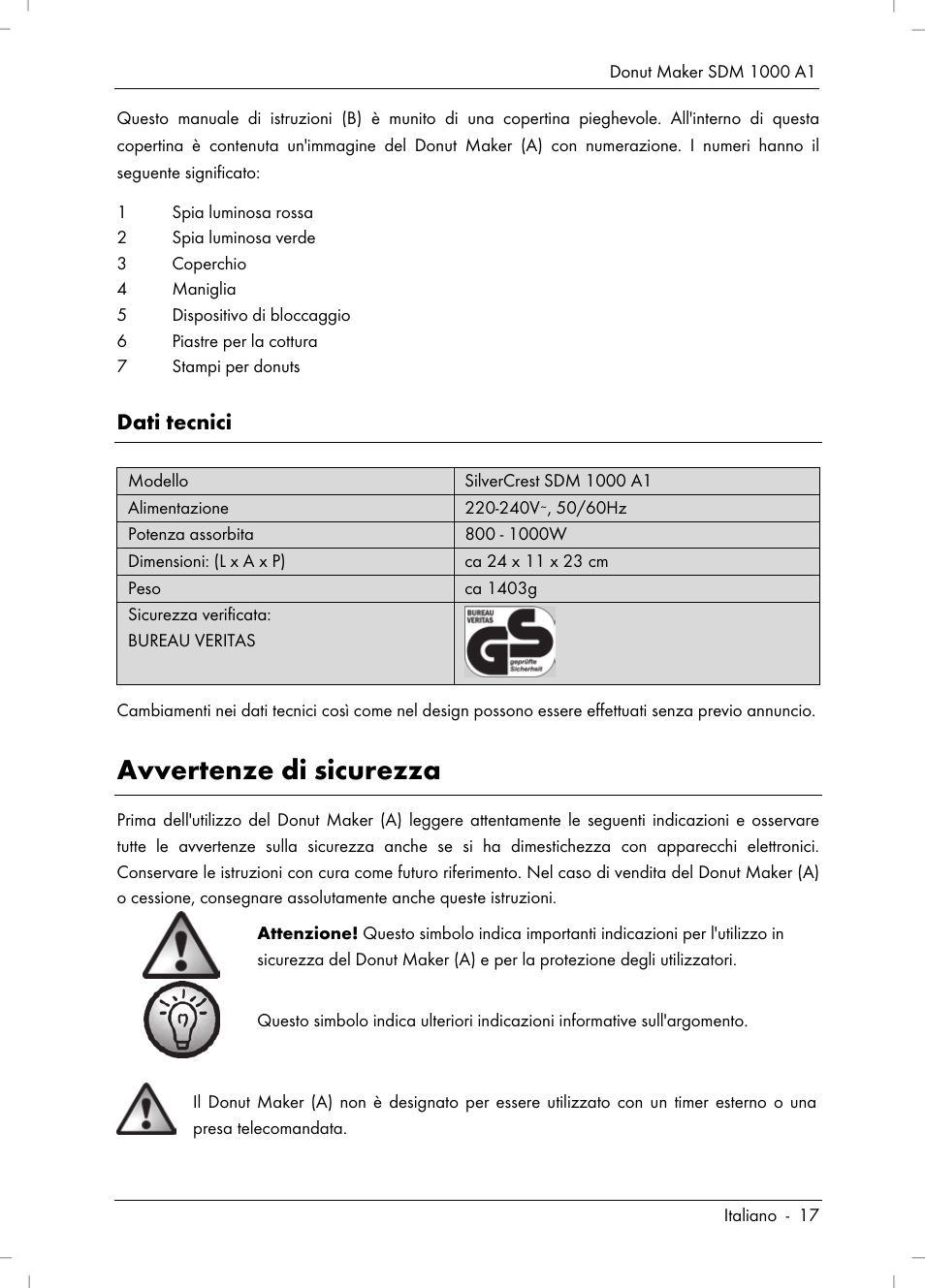 Avvertenze di sicurezza, Dati tecnici | Silvercrest SDM 1000 A1 User Manual | Page 19 / 70