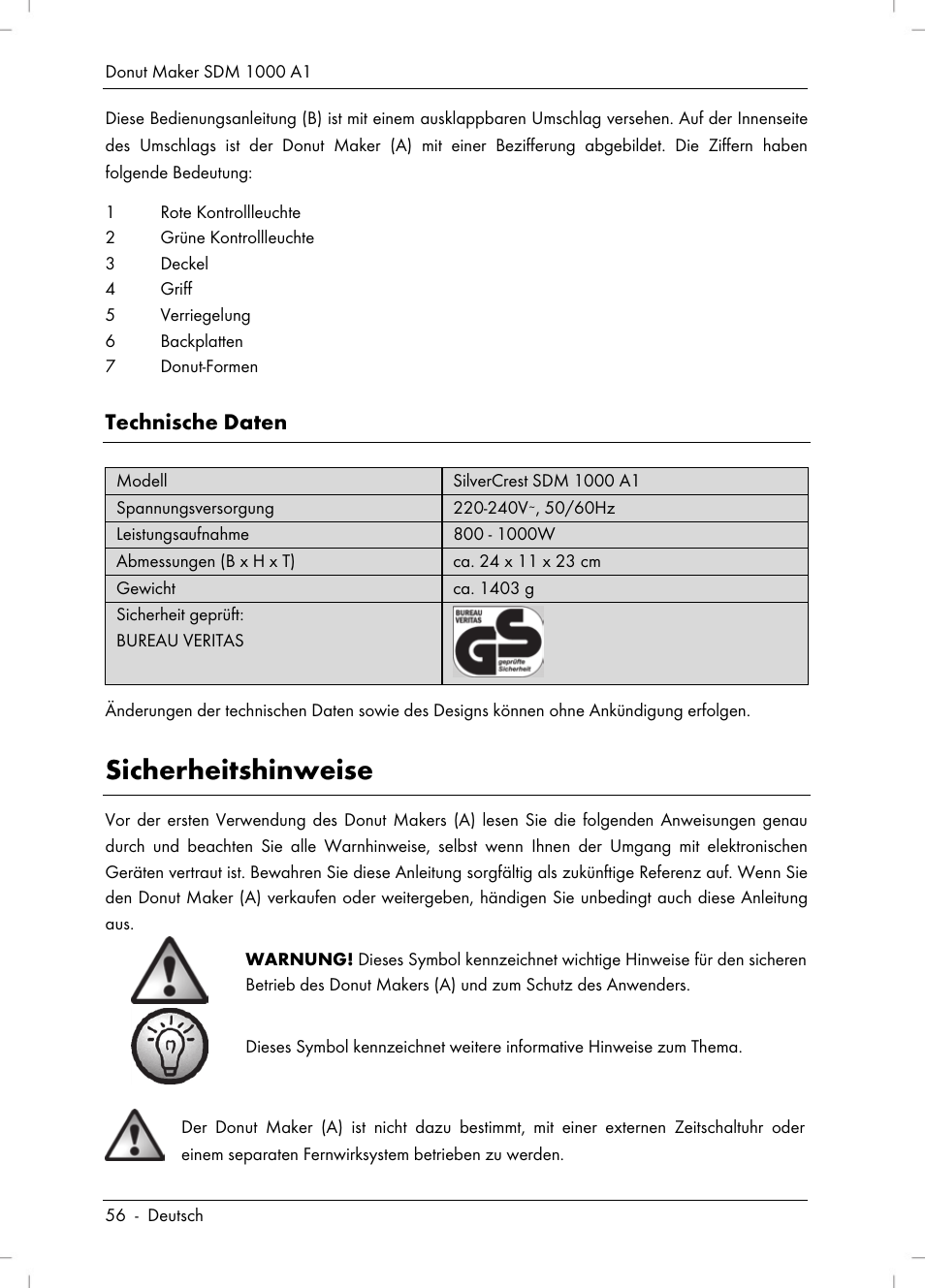 Sicherheitshinweise, Technische daten | Silvercrest SDM 1000 A1 User Manual | Page 58 / 70